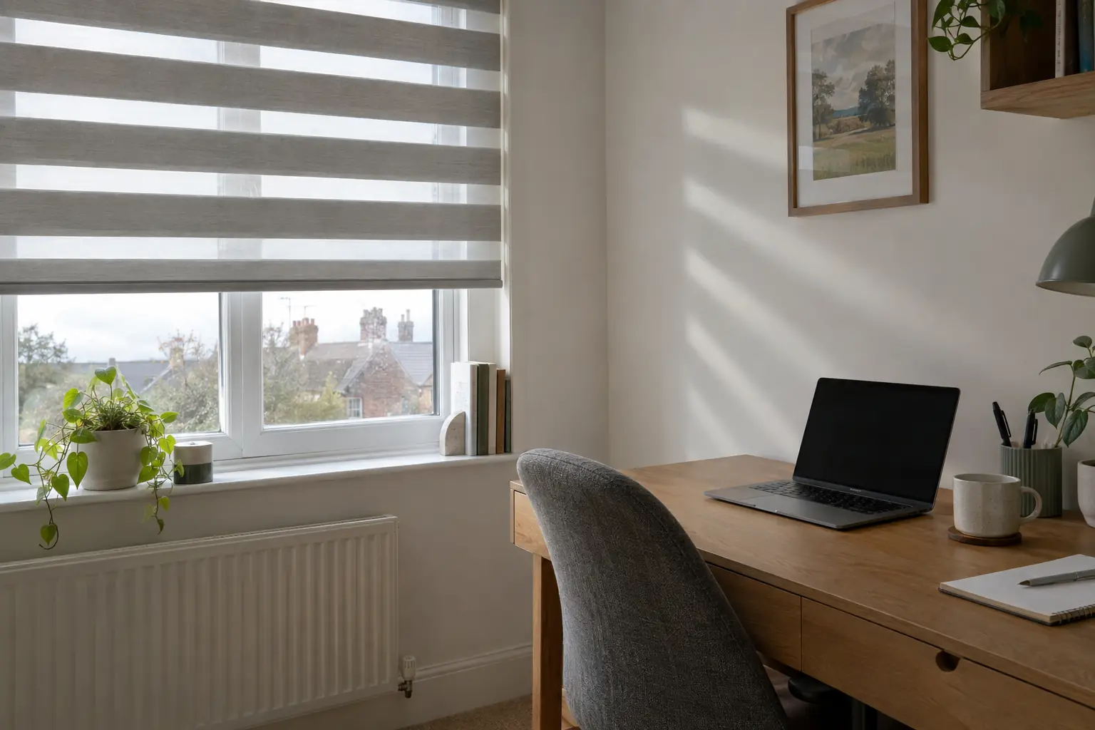 a home office corner beside a window with a pale grey day and night blind set so the bands are half offset, a laptop on an oak desk with no glare on the screen, soft striped light on the white wall