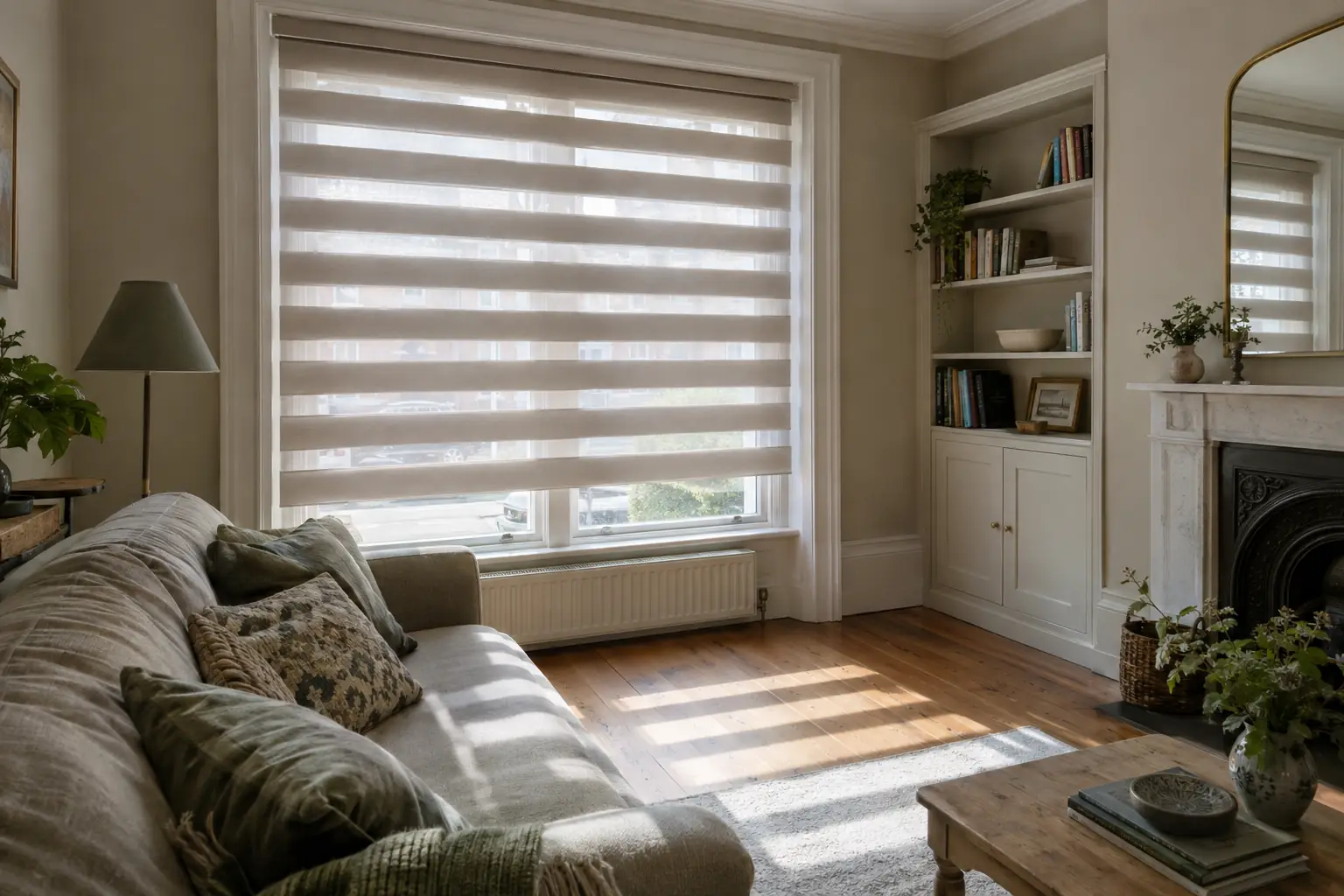 a front living room in an Edwardian terrace, a soft taupe day and night blind fitted inside the recess of a street-facing sash window, sheer bands aligned so filtered daylight falls in soft stripes across a sofa and oak floorboards, the street outside softly visible through the fabric