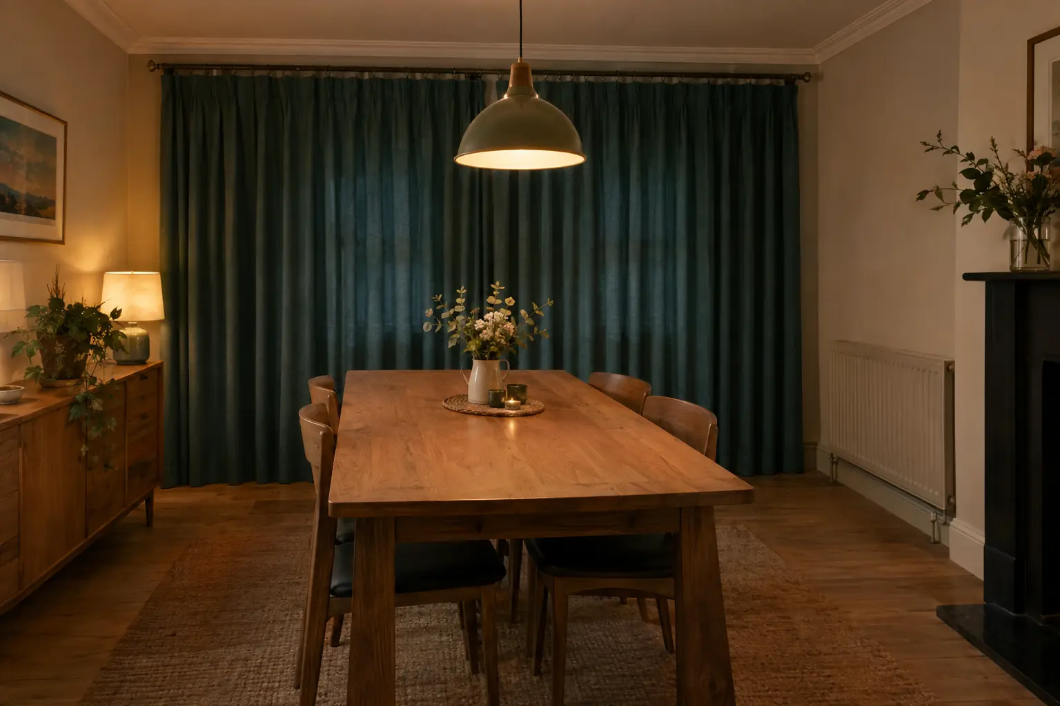 a dining room in the evening with lined teal curtains drawn across a pair of sash windows, a set oak table under a glowing pendant light, the chairs tucked in