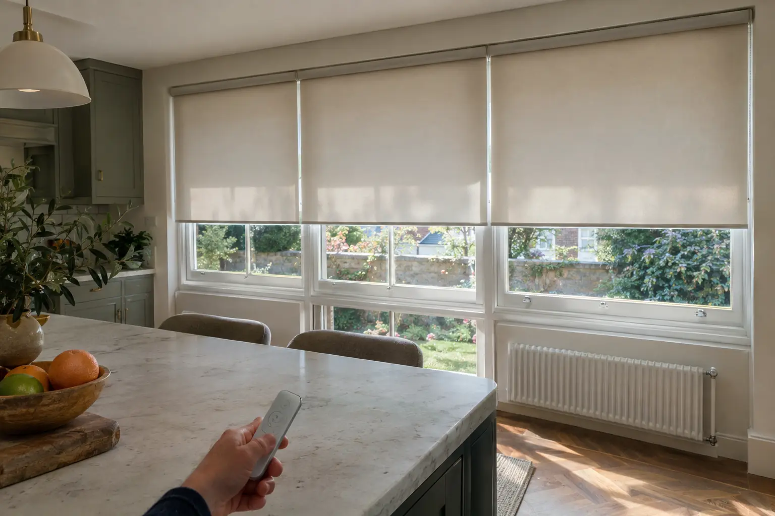 a hand-held remote resting on a kitchen island, with three motorised roller blinds lowering together across a wall of windows beyond it in bright afternoon sun