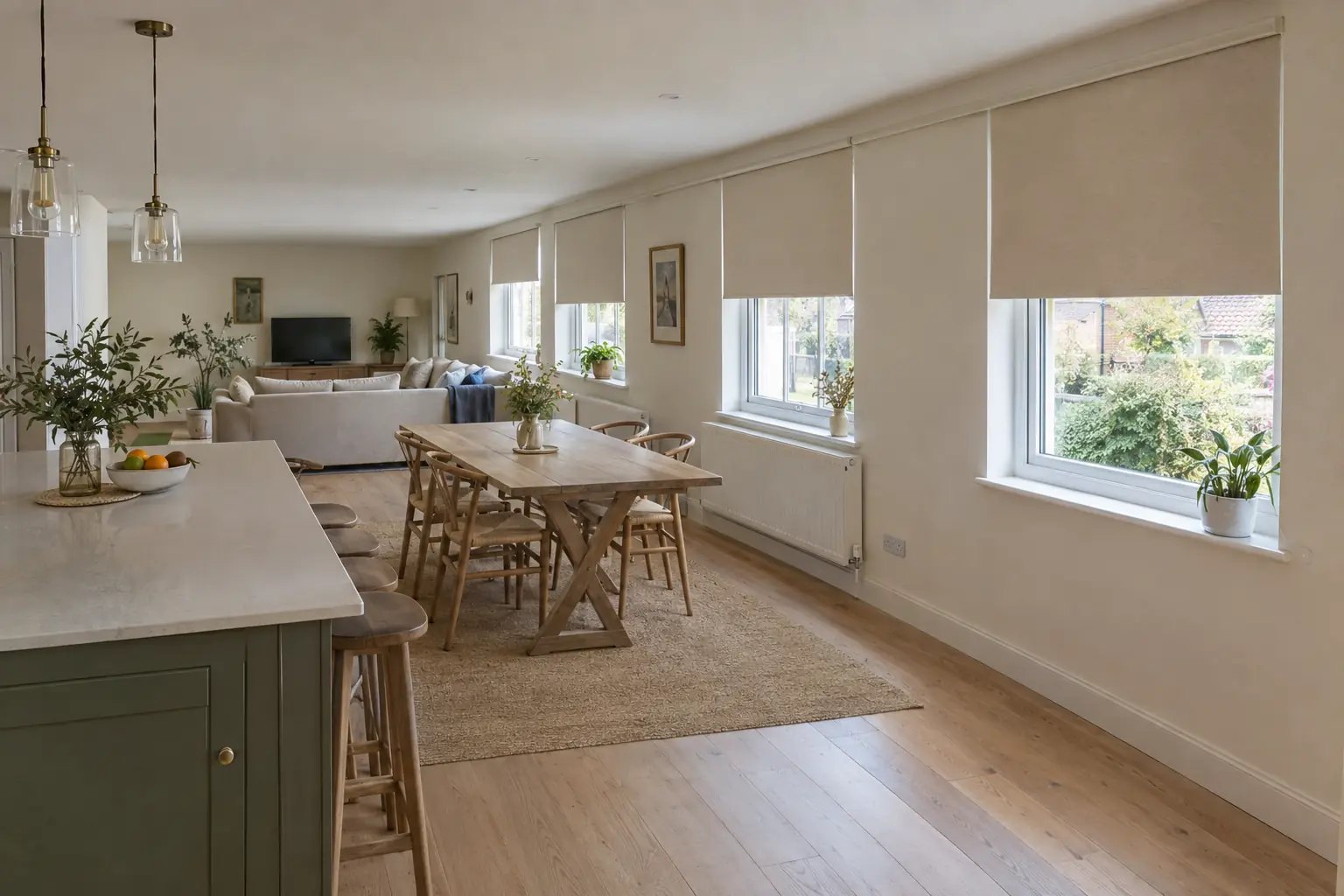 a long open-plan kitchen, dining and living extension with a run of four windows of different heights along one wall, matching oatmeal roller blinds with their headrails aligned in one straight line across the wall