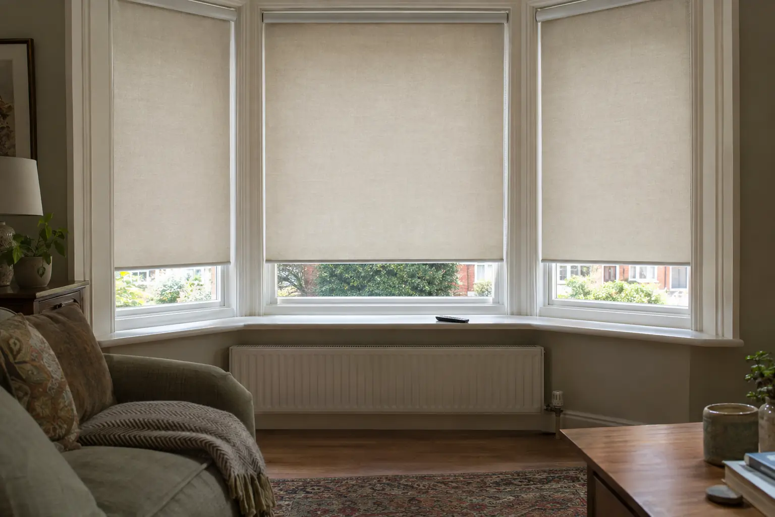 a slim handheld remote resting on a deep windowsill in a 1930s living room bay, all three bay windows behind it fitted with linen-coloured roller blinds lowered to exactly the same height