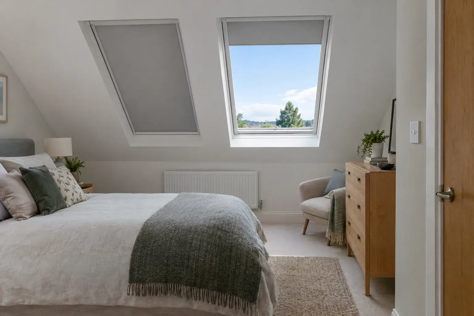a converted loft bedroom with two roof windows set into a sloping white ceiling, both fitted with pale grey blinds held flat in side channels, one closed and one open to a blue sky, a small white wall switch beside the bedroom door