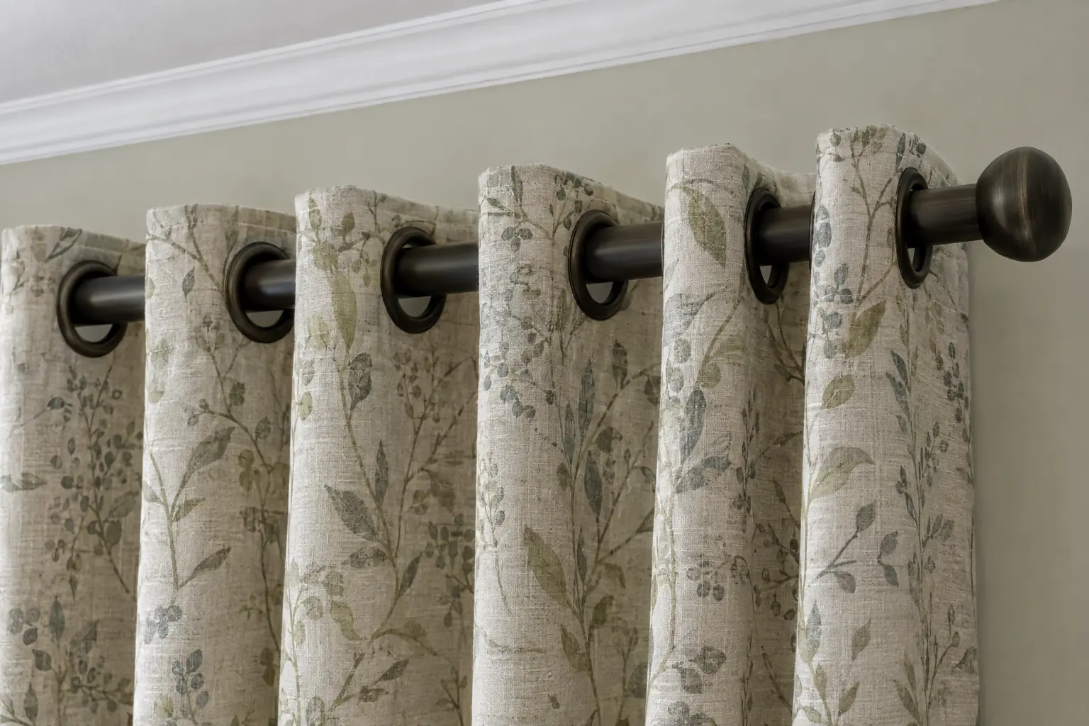 a close view of the top of an eyelet curtain on a dark metal pole, the metal rings threaded on and the fabric weaving in front of and behind the pole, a band of plain wall between the pole and white ceiling coving above