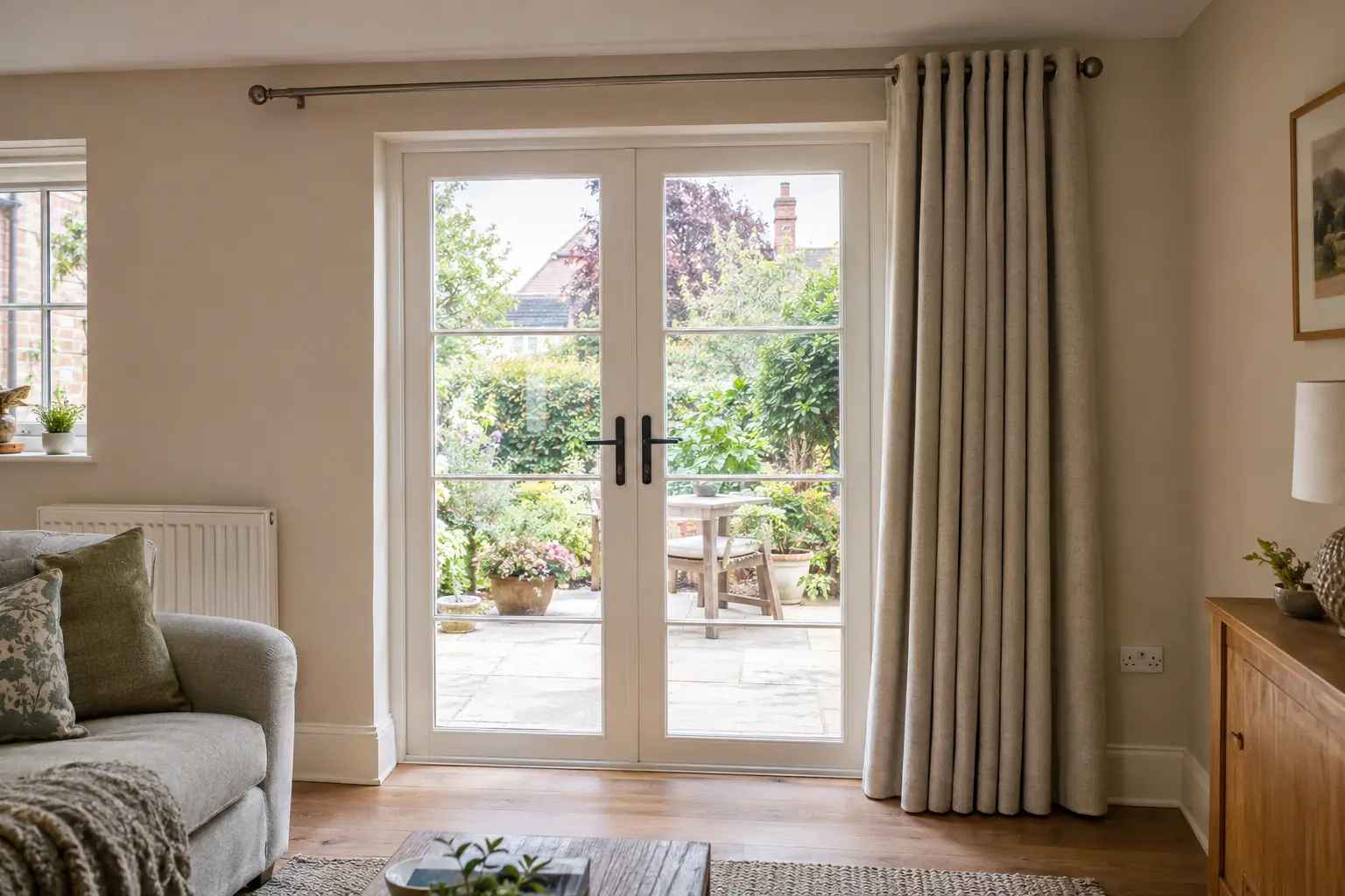 eyelet curtains pulled right back on a pole that runs well past a pair of glazed French doors, the bunched stack of fabric resting against the wall so the glass and the doorway are fully clear, a garden terrace beyond