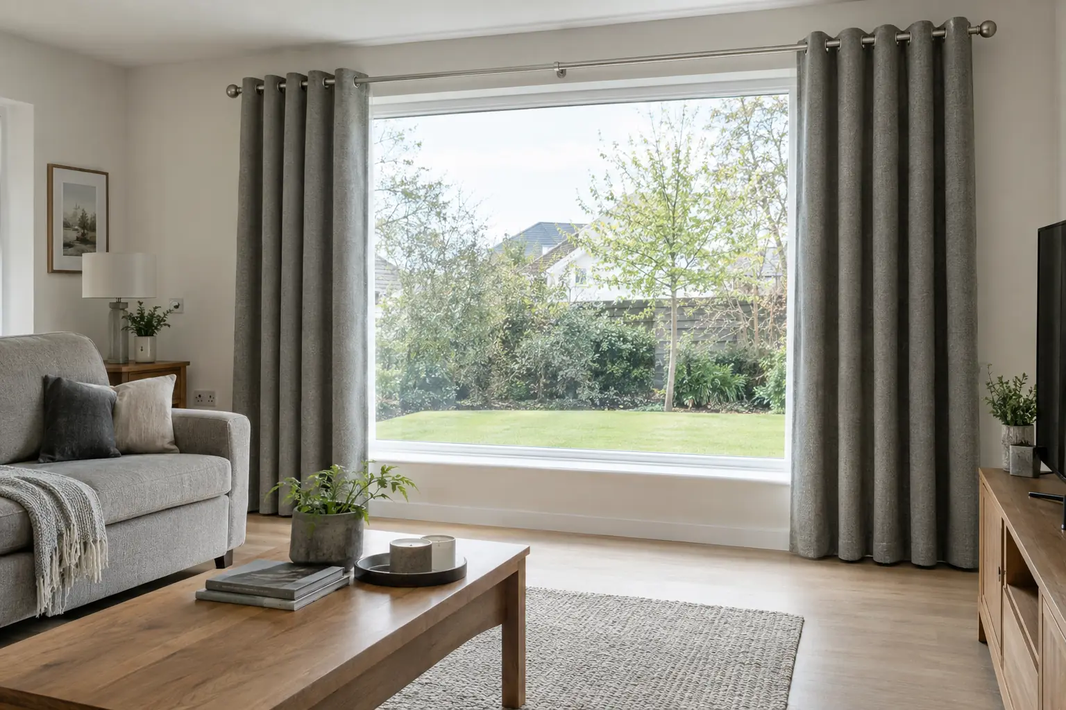 a bright living room in a modern new-build house with a wide picture window, heavy grey woven eyelet curtains on a brushed steel pole with simple end caps, the fabric falling in deep regular waves, drawn open onto a lawn