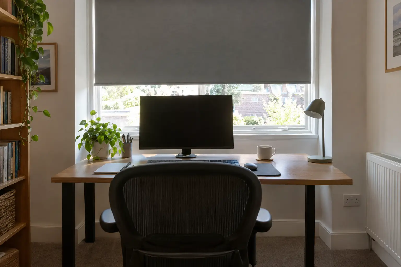 a view over the back of an empty office chair towards a desk under a window, a matt grey dimout roller blind lowered halfway behind a monitor on a bright afternoon