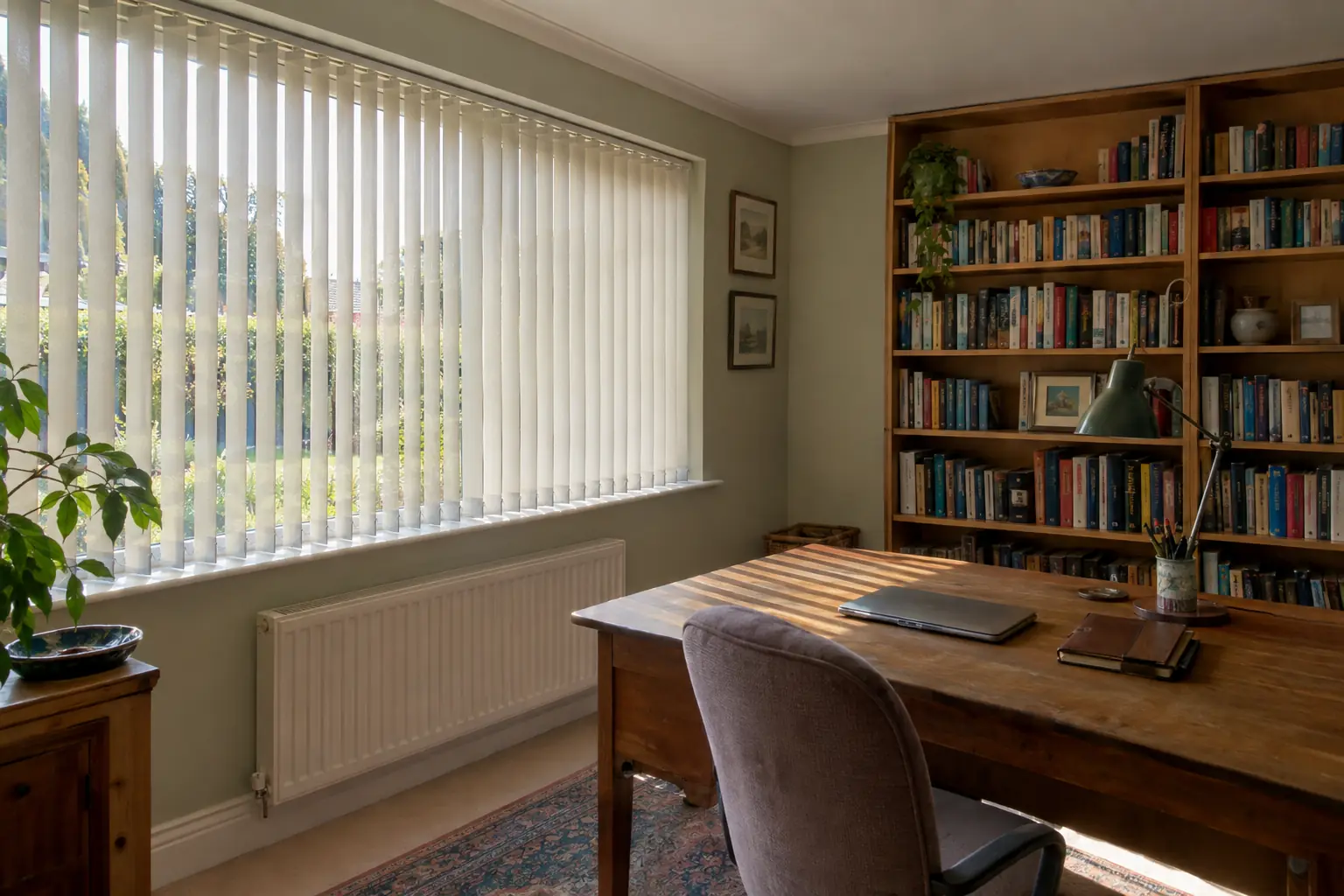 a garden-facing study in a bungalow with a wide window dressed in pale fabric vertical blinds angled against low afternoon sun from one side, bookshelves on the far wall