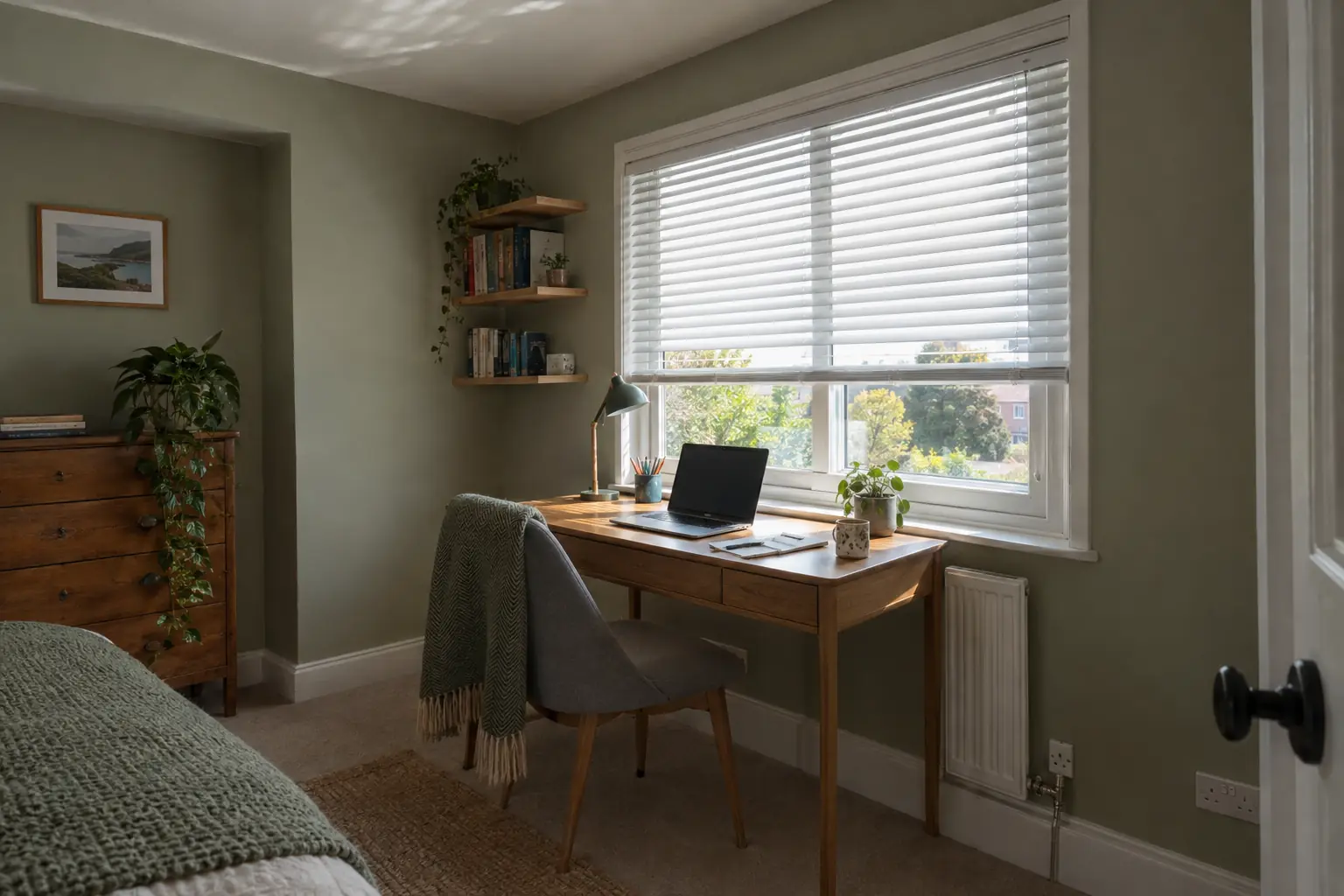 a small home office in a spare bedroom with a desk placed side-on to the window, slim white aluminium venetian slats tilted upward so a band of daylight falls across the ceiling, a laptop screen on the desk clear of reflections