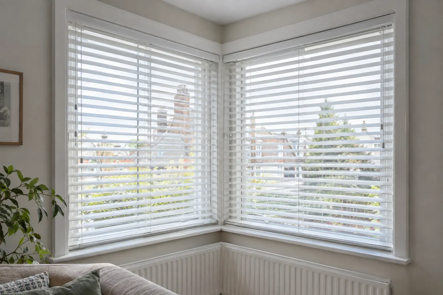 looking up into the corner of an angled bay where two white wooden venetian blinds meet, a narrow even gap between their headrails, the slats of both blinds level with each other