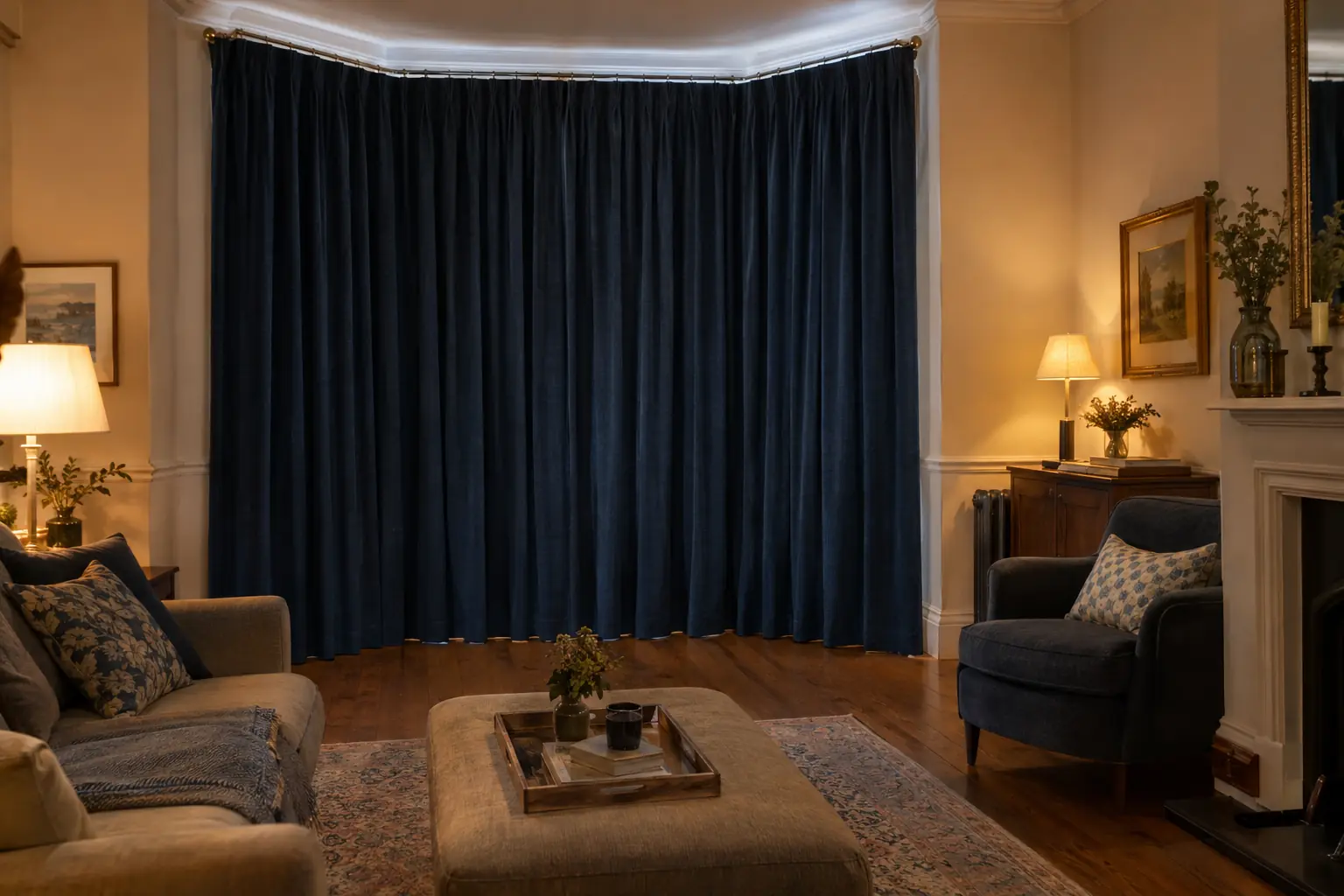 an Edwardian bay closed off for the evening by full-length lined curtains in deep blue drawn across a straight pole spanning the mouth of the bay, lamplight in the sitting room in front