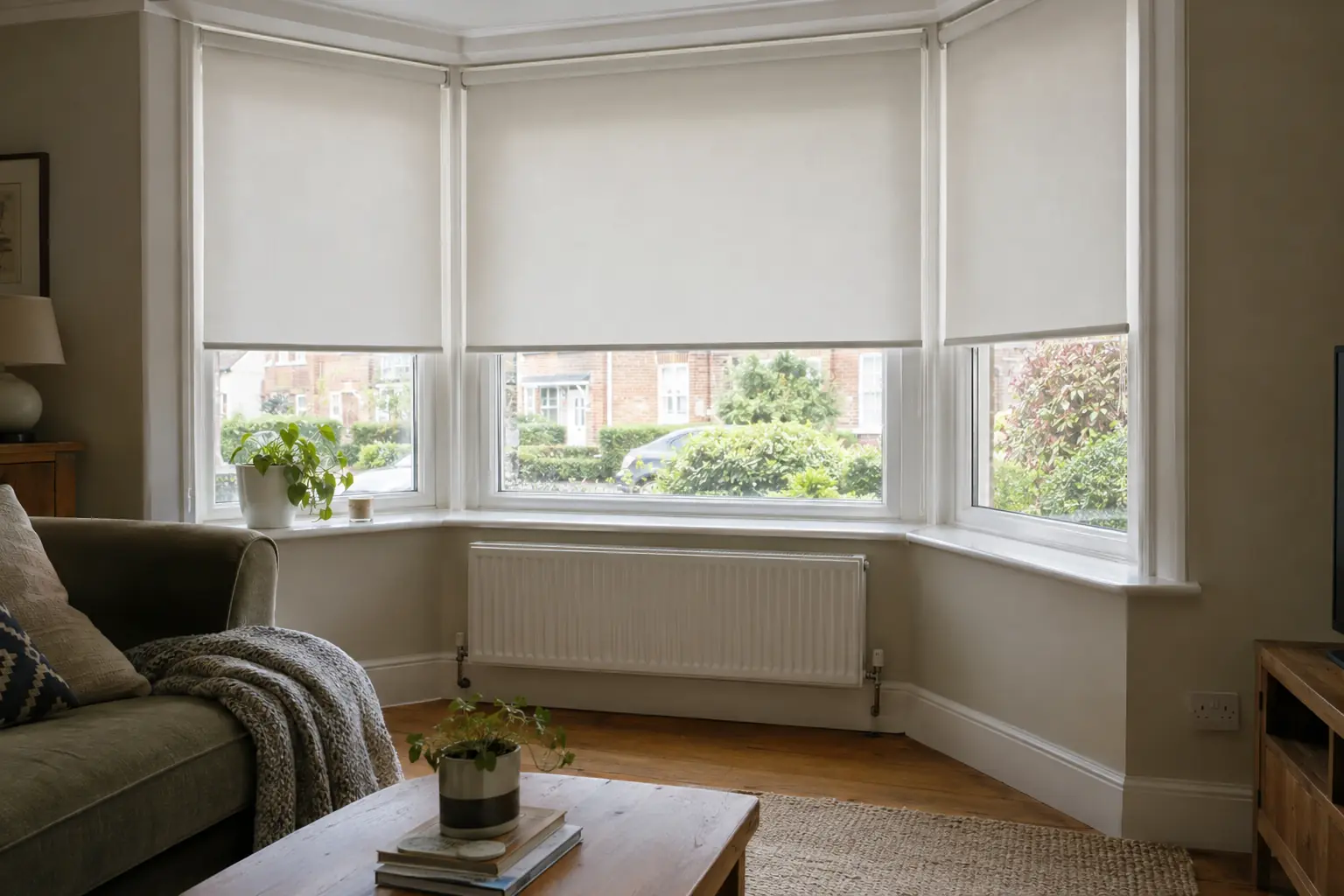 a square box bay in a 1920s semi-detached house with three white roller blinds half lowered, their bottom bars forming one level line across the front and side windows although the sills sit at slightly different heights