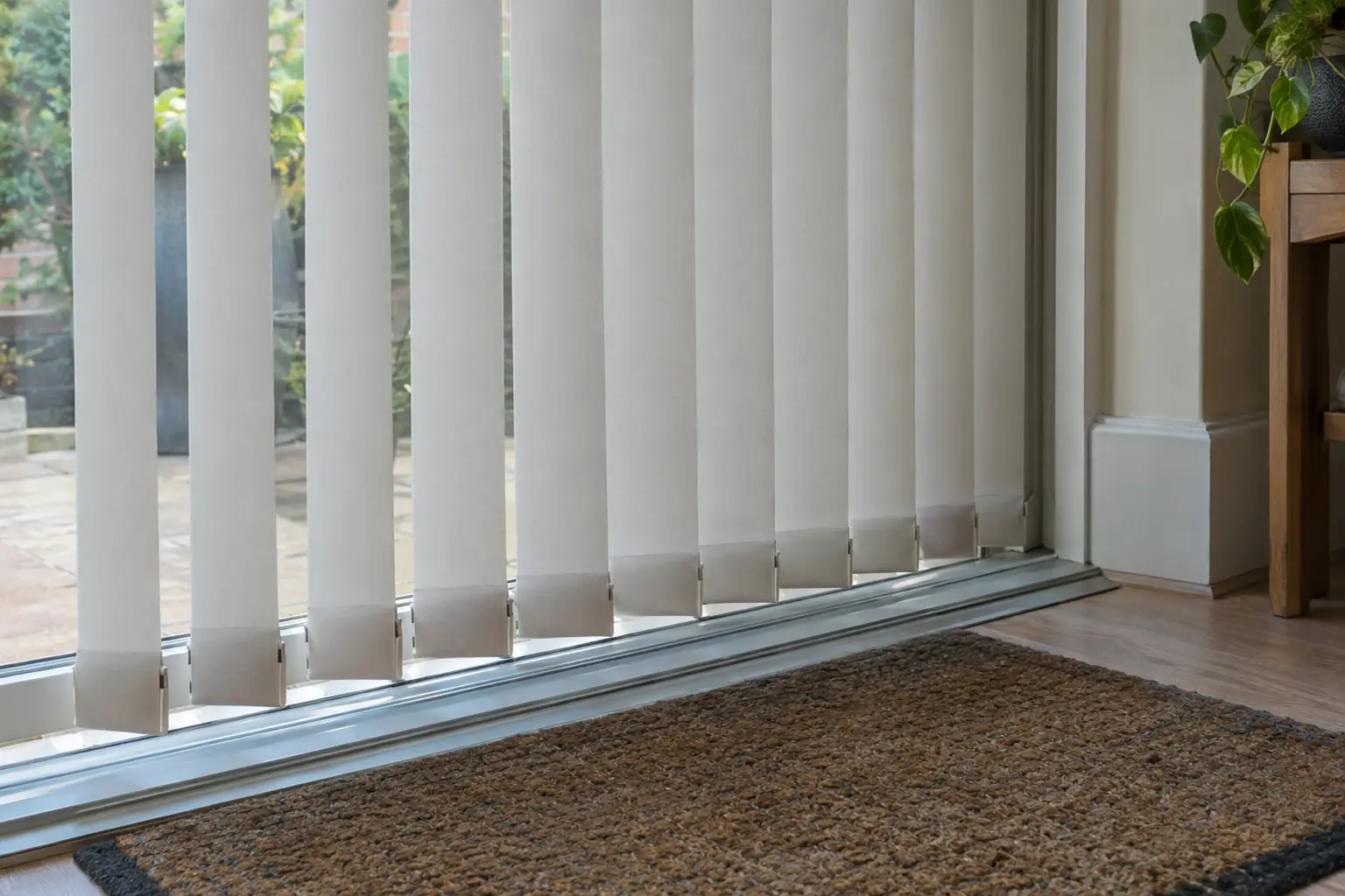 a close view of the bottom of a pale vertical blind in front of sliding patio doors, the louvres finishing just clear of a raised aluminium threshold and a doormat