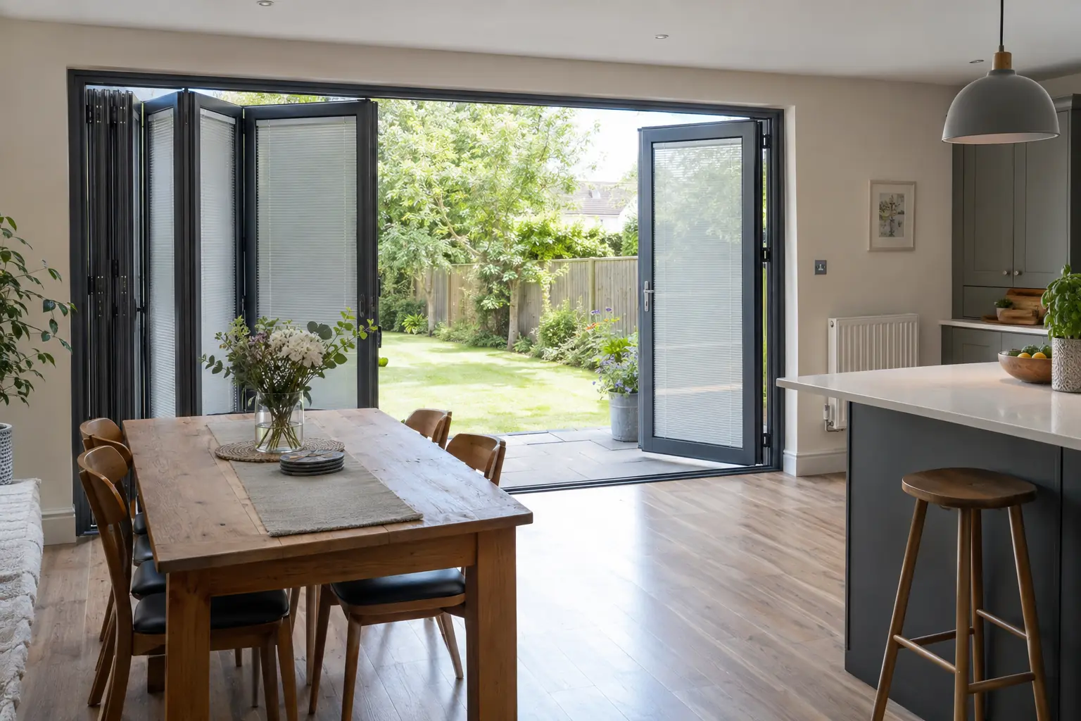 a kitchen-diner with a wide set of dark grey aluminium bi-fold doors folded open to a lawn, a slim pleated blind fitted within the frame of each glass panel and folded away neatly with the panels at one side, early summer daylight