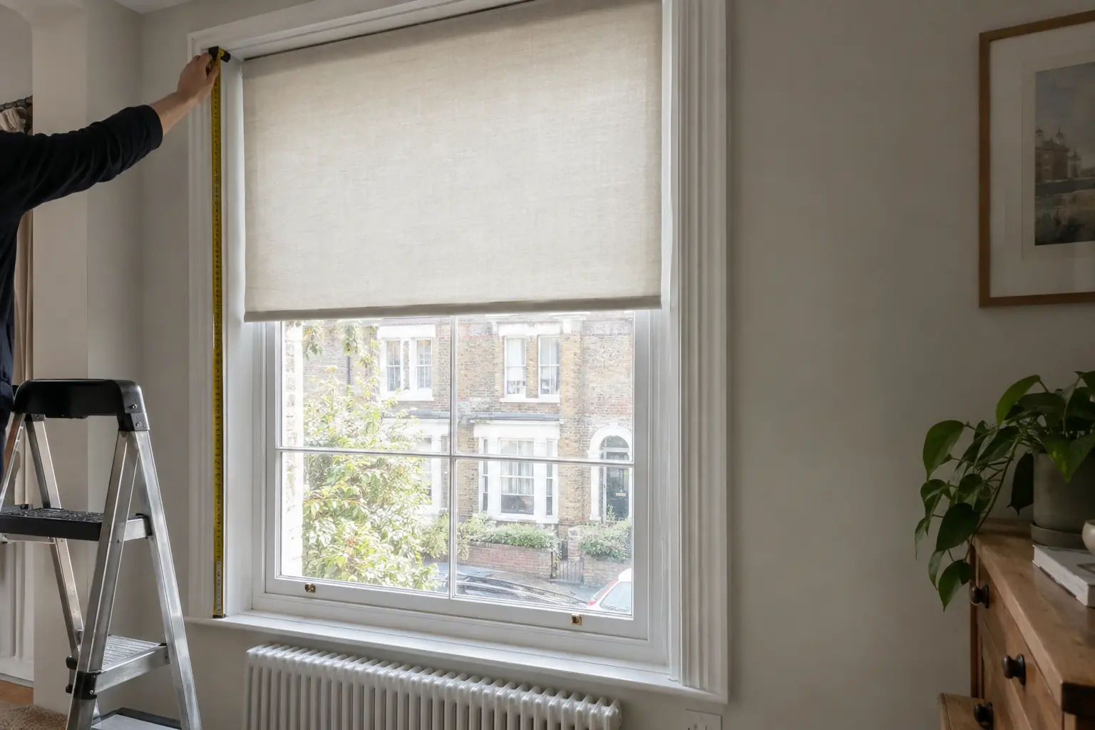 a tall sash window in a Victorian terrace with a slightly tapering reveal, a steel tape measure hooked at the top of the recess and running down to the sill on the left-hand side, a step ladder just in view