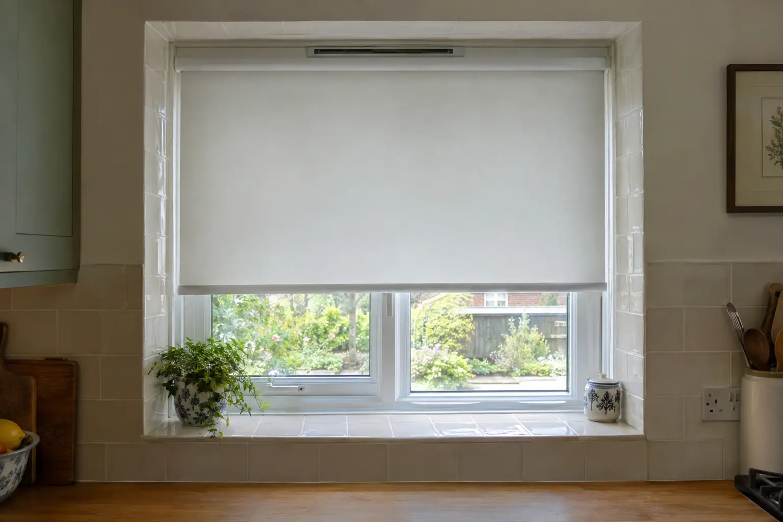 a kitchen window with a tiled reveal and a tiled sill, a white roller blind fitted inside the recess with its bottom bar stopping just clear of the tiles, a trickle vent along the top of the frame
