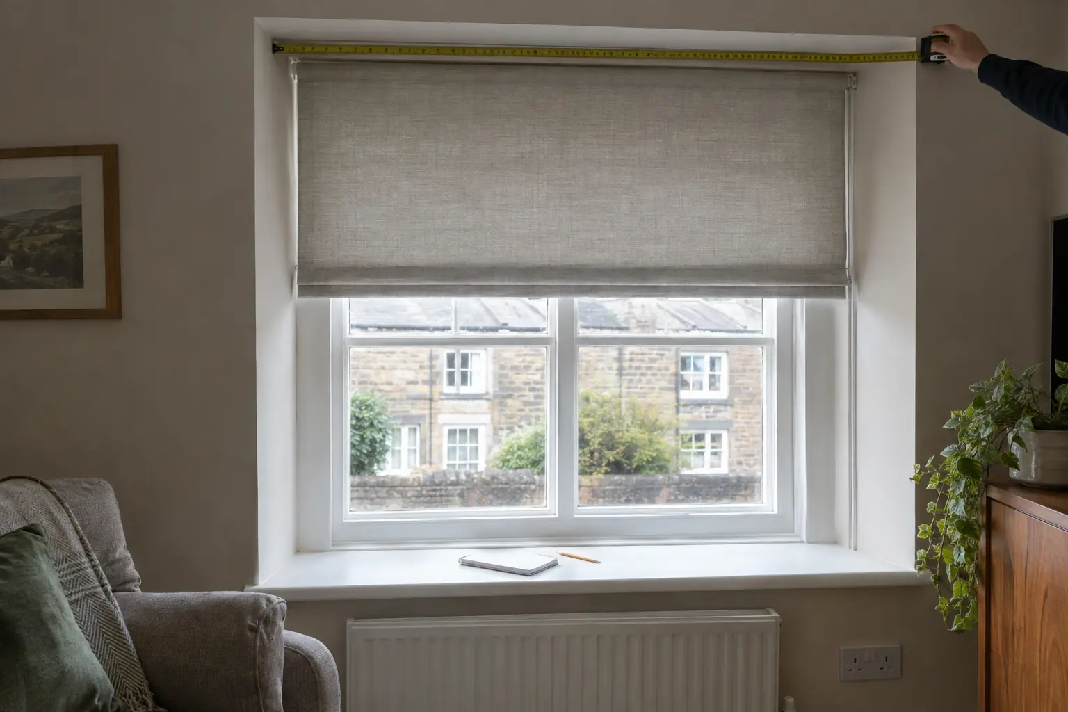 a front room in a stone-built terraced house with a deep painted plaster window reveal, a steel tape measure stretched across the top of the recess from one side wall to the other, a blank notepad and a pencil resting on the white window sill, soft overcast daylight