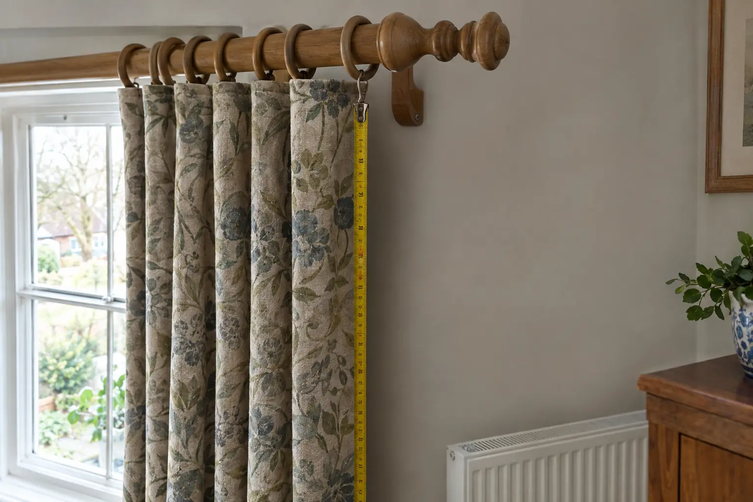 a close view of the end of a curtain pole with a turned wooden finial, a wall bracket and the last curtain ring, a steel tape measure hanging from the eye of the ring down towards the floor