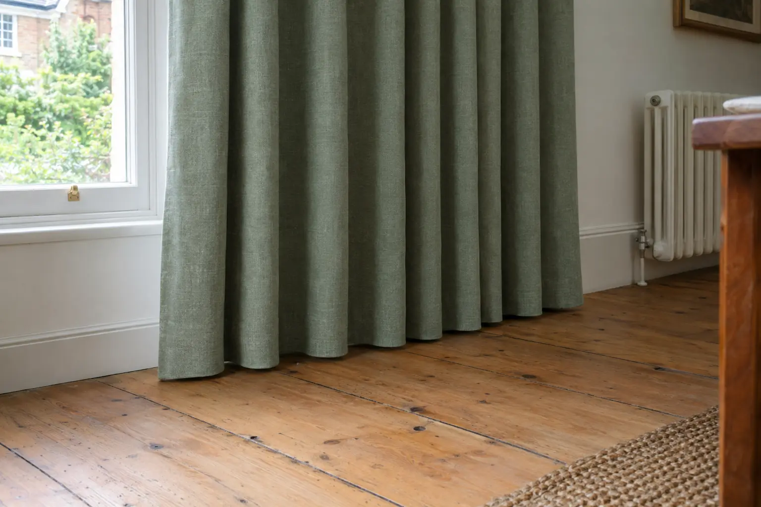 a close view of the bottom hem of a floor-length curtain above old pine floorboards that slope gently towards one end of the room, the hem clearing the boards evenly along its whole width