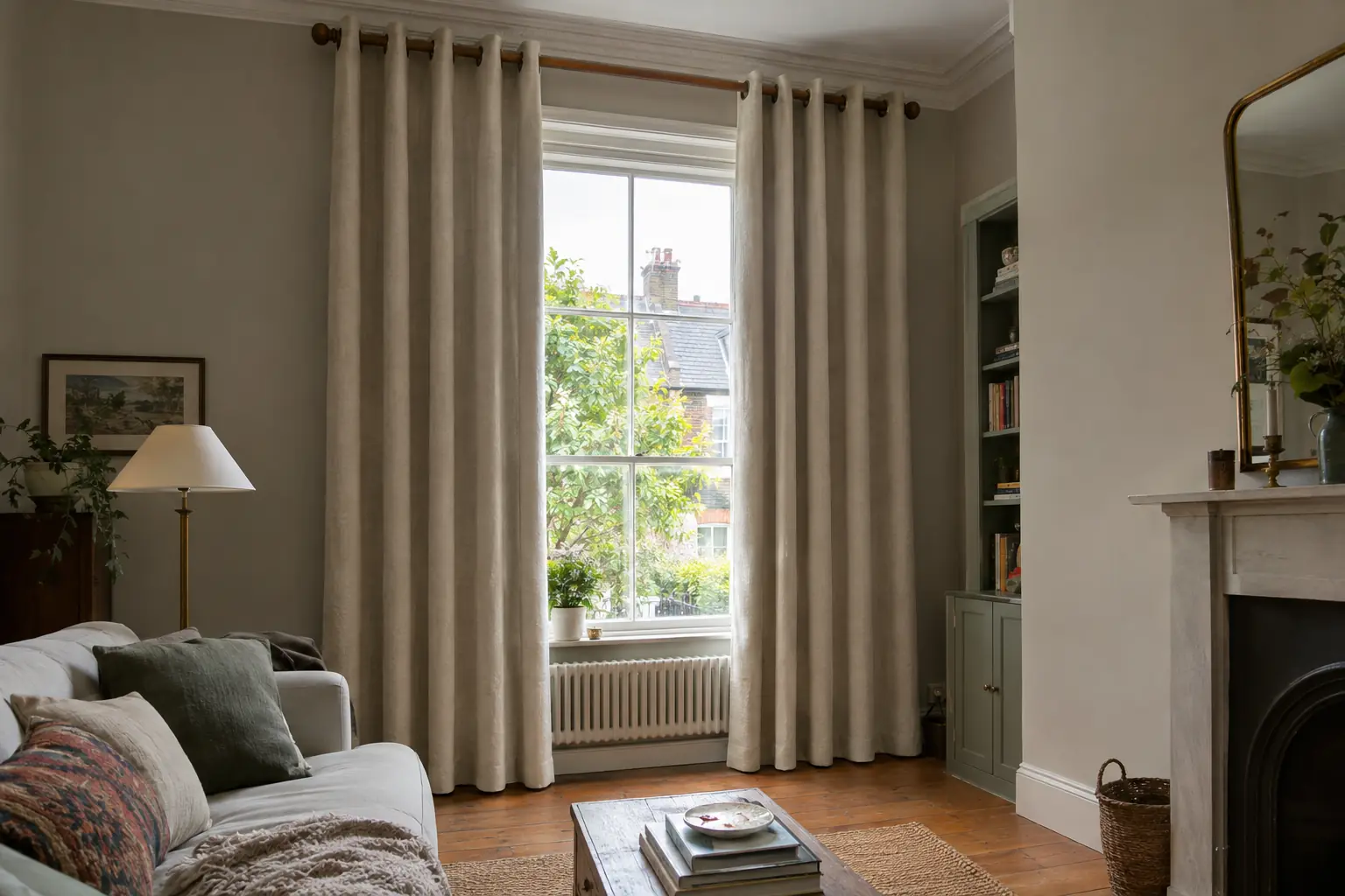 a tall window in a high-ceilinged living room with a wooden curtain pole fixed just below the coving, well above the frame, heavy linen eyelet curtains falling in deep even waves from the pole to just above the floorboards