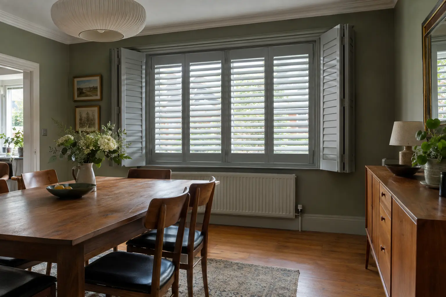 a 1930s dining room with a wide casement window fitted with grey painted shutters in four panels, the two outer panels folded back against the reveal and the middle pair closed with louvres tilted, a sideboard standing clear of the folding panels