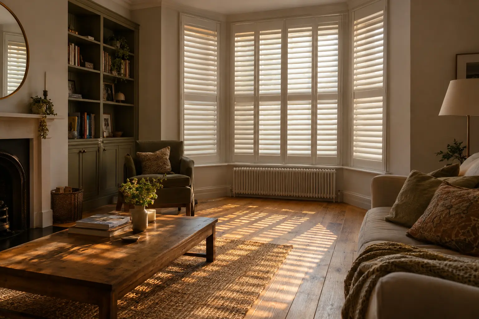 a west-facing living room in late afternoon with white full height shutters closed and louvres angled against the low sun, thin lines of golden light across oak floorboards