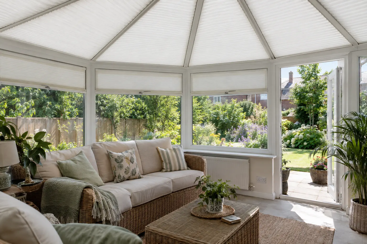 a south-facing conservatory on a UK semi-detached house in high summer, white pleated roof blinds drawn across the glass roof panels, soft shaded light over a wicker sofa and potted plants, bright sunshine on the garden beyond