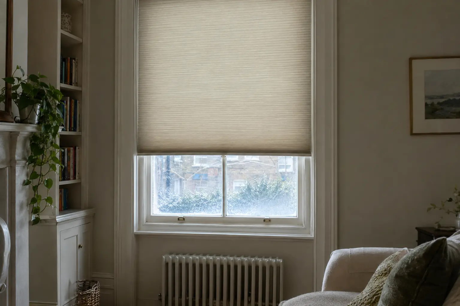 a single-glazed timber sash window in a Georgian townhouse with an oatmeal honeycomb blind lowered close to the glass, a little frost on the outside of the lower pane