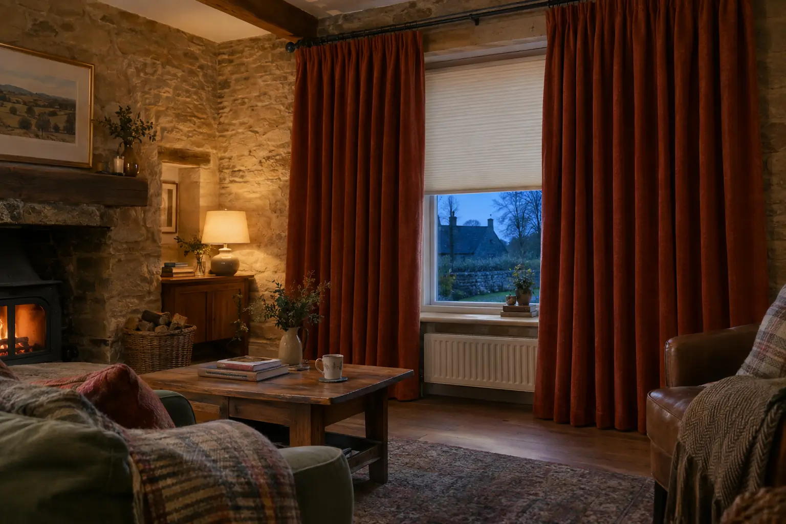 a stone-built Yorkshire cottage sitting room at winter dusk, heavy rust-coloured thermal-lined curtains on a pole drawn across a deep window, a cream honeycomb blind visible in the recess where the curtains meet, warm lamplight inside and blue dusk outside