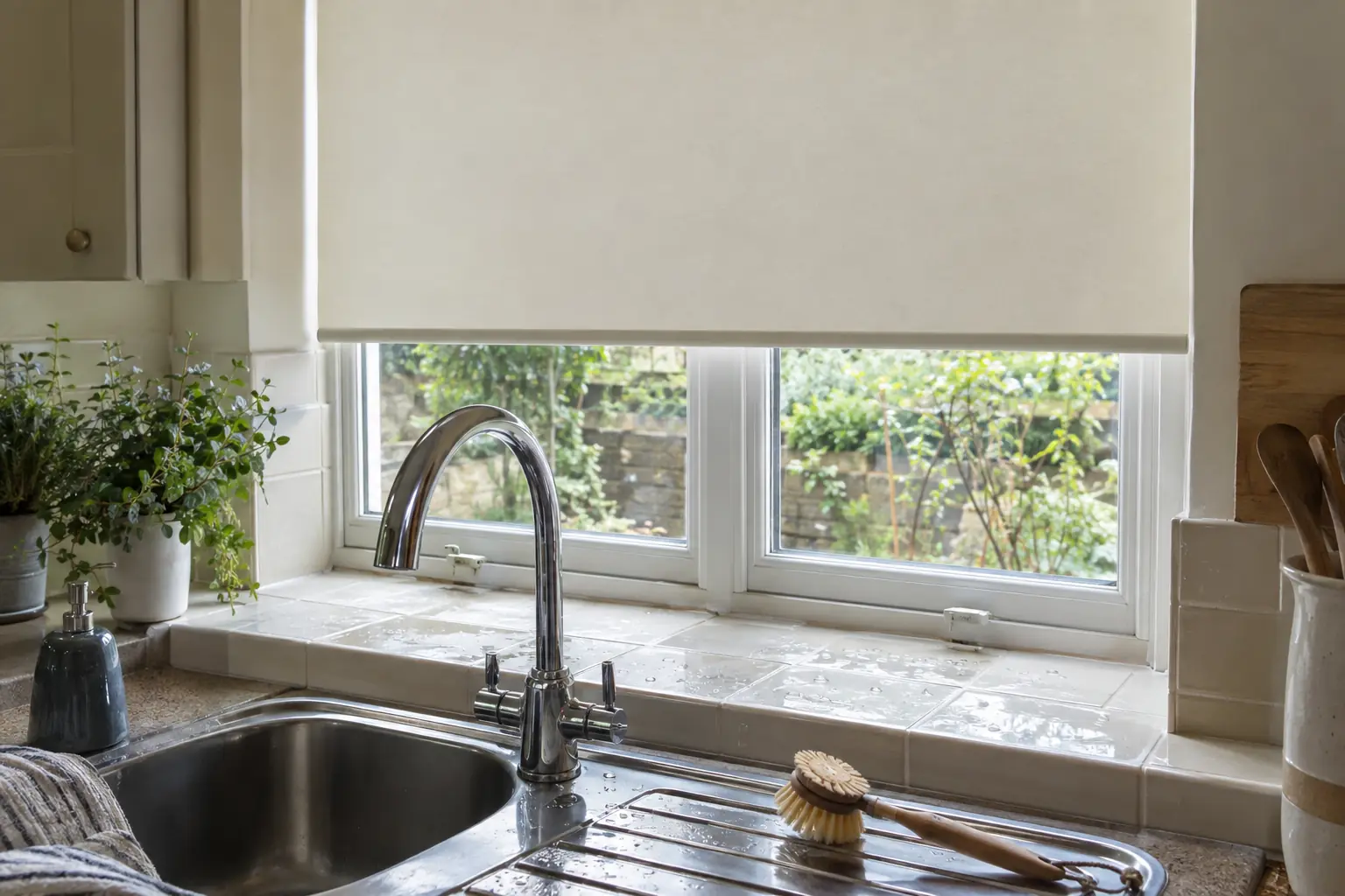 a close view of a wipeable cream roller blind half lowered above a kitchen sink, droplets of water on the tiled sill and a washing-up brush on the draining board