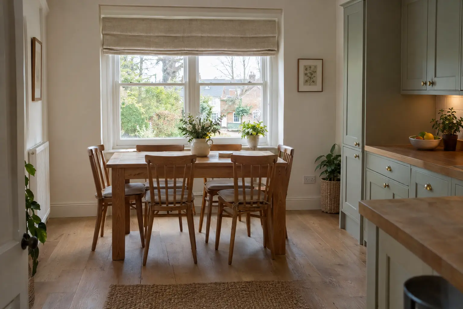 the far end of a kitchen-diner with a linen roman blind raised in soft folds above a window over an oak dining table, the hob out of sight at the other end of the room