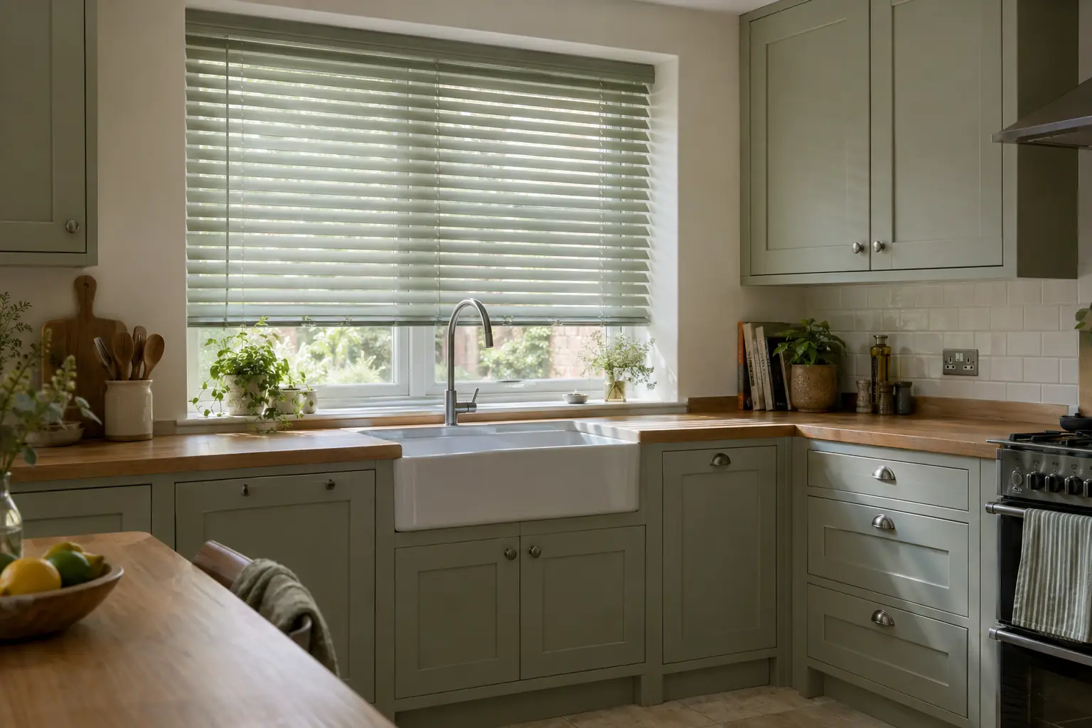a painted shaker-style kitchen with a window over a white ceramic sink and a brushed steel mixer tap, a pale sage aluminium venetian blind fitted in the recess with its slats tilted to soften low morning sun