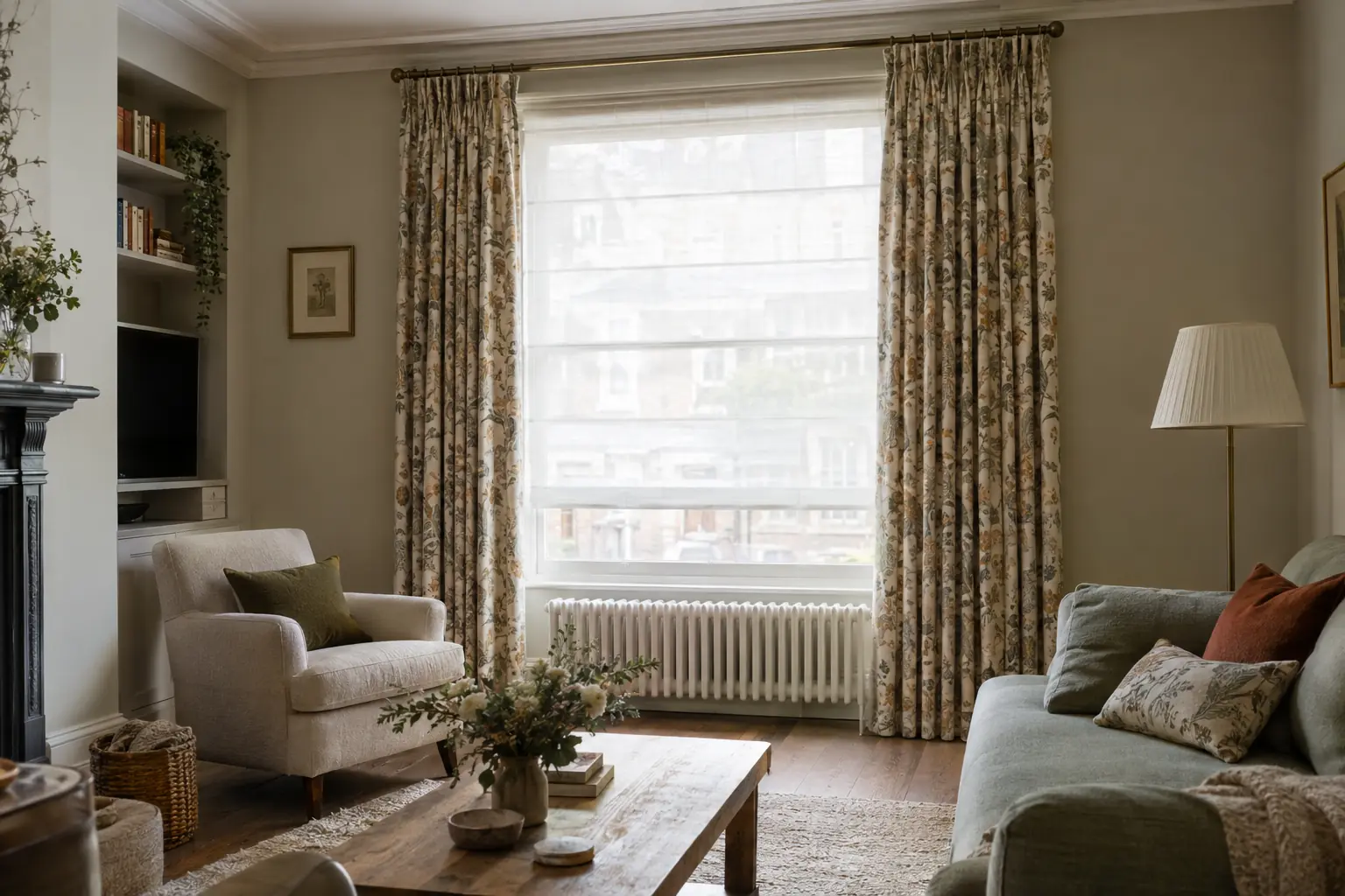 a street-facing living room at midday with a sheer voile roman blind lowered inside the reveal behind open patterned dress curtains, the street softly blurred through the voile