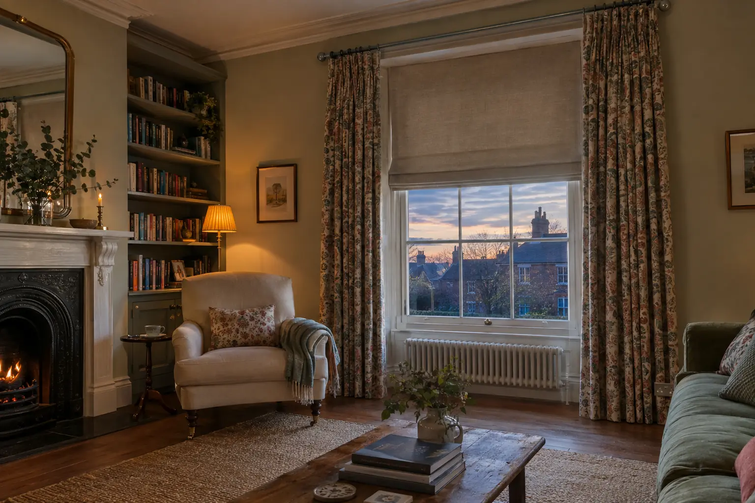 a Victorian sitting room at dusk with a plain linen roman blind lowered halfway inside the deep sash window reveal and patterned lined curtains on a painted pole set wide of the reveal, drawn back to stack on the wall either side