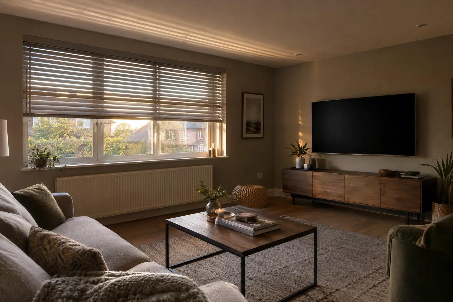 low evening sun entering a west-facing living room, a warm grey venetian blind with its slats tilted upward so a band of light falls on the ceiling and the television on the opposite wall shows no reflection