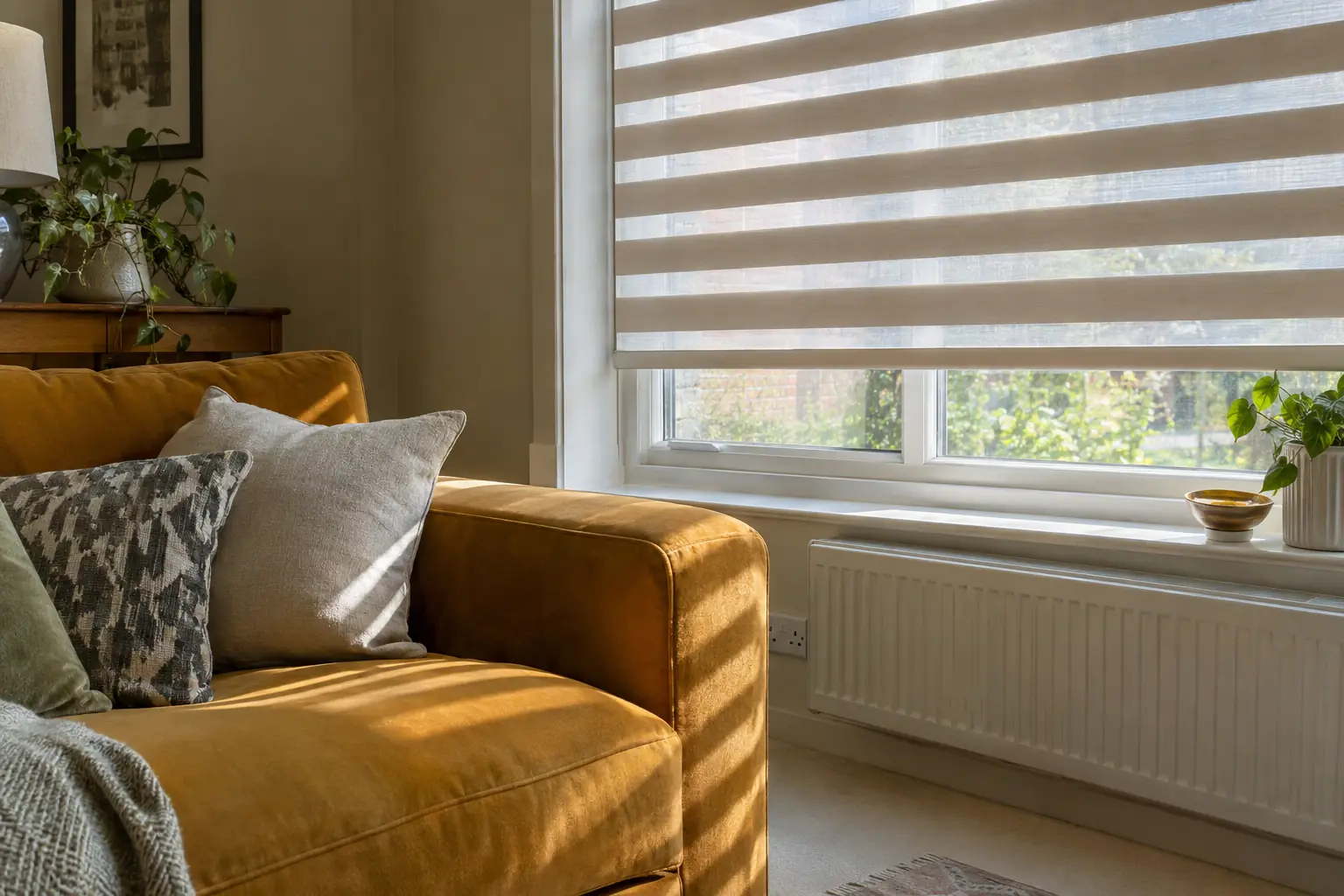 the arm of a mustard velvet sofa beside a sunny window, a day and night blind lowered with its sheer stripes aligned so soft striped light falls across the cushions