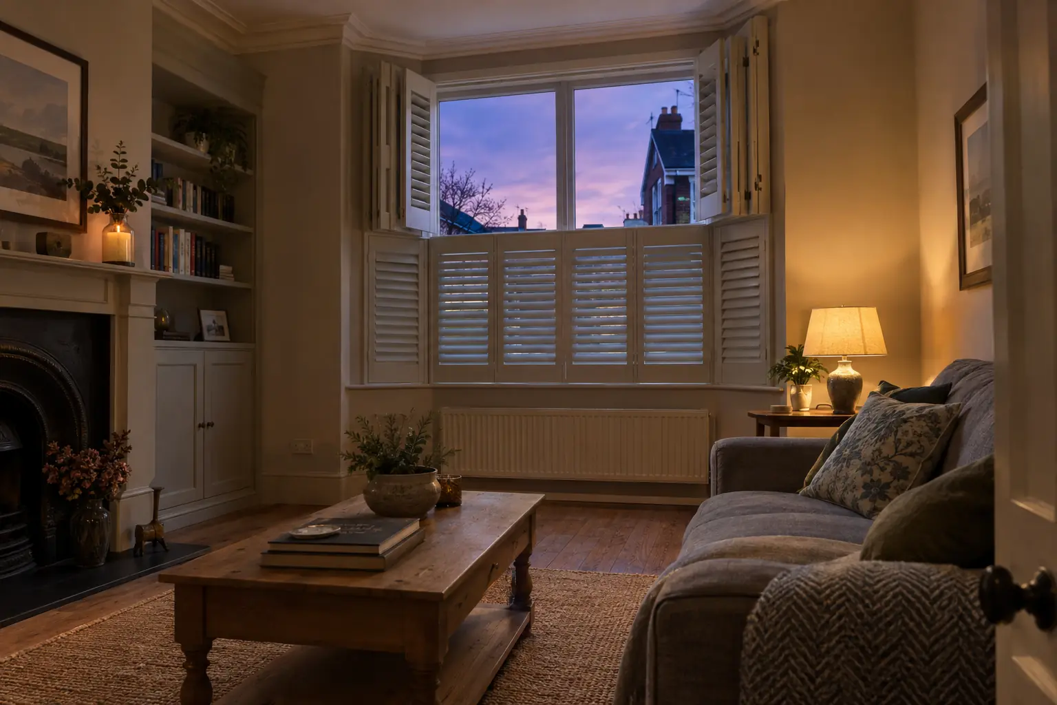 a front living room in an Edwardian semi at dusk, painted tier-on-tier shutters on the street-facing window with the top panels folded open to a violet sky and the lower panels closed, lamps lit on a side table beside a grey sofa