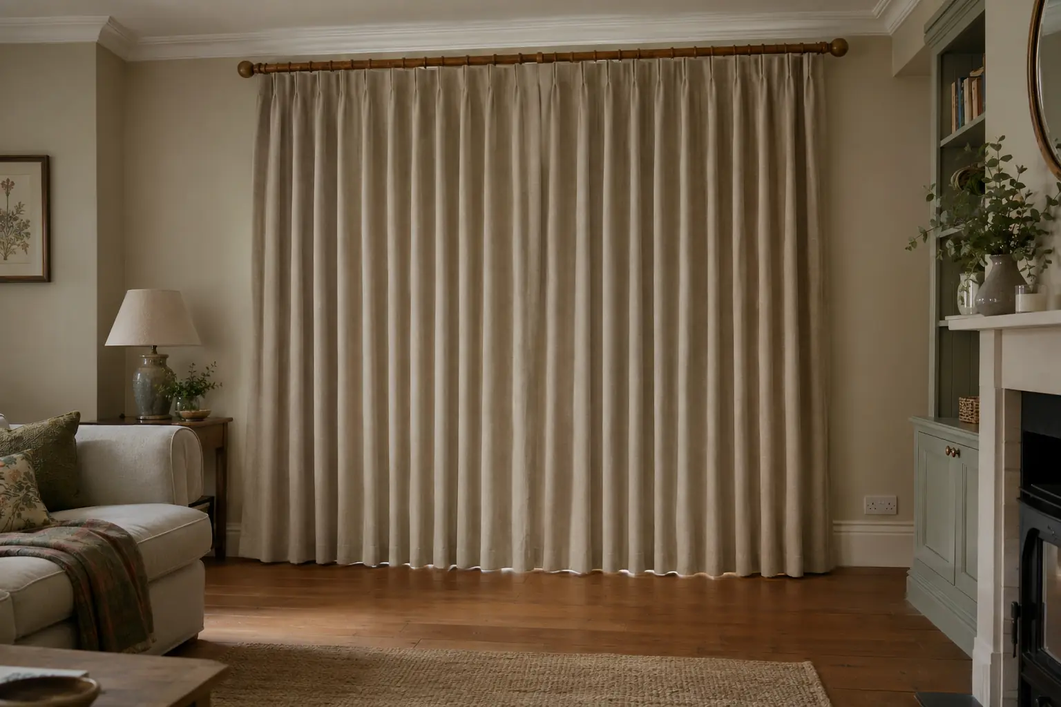 a pair of generously wide lined curtains in a heavy oatmeal fabric drawn closed on a wooden pole in a living room, deep even folds from top to bottom, hems finishing just clear of the floorboards