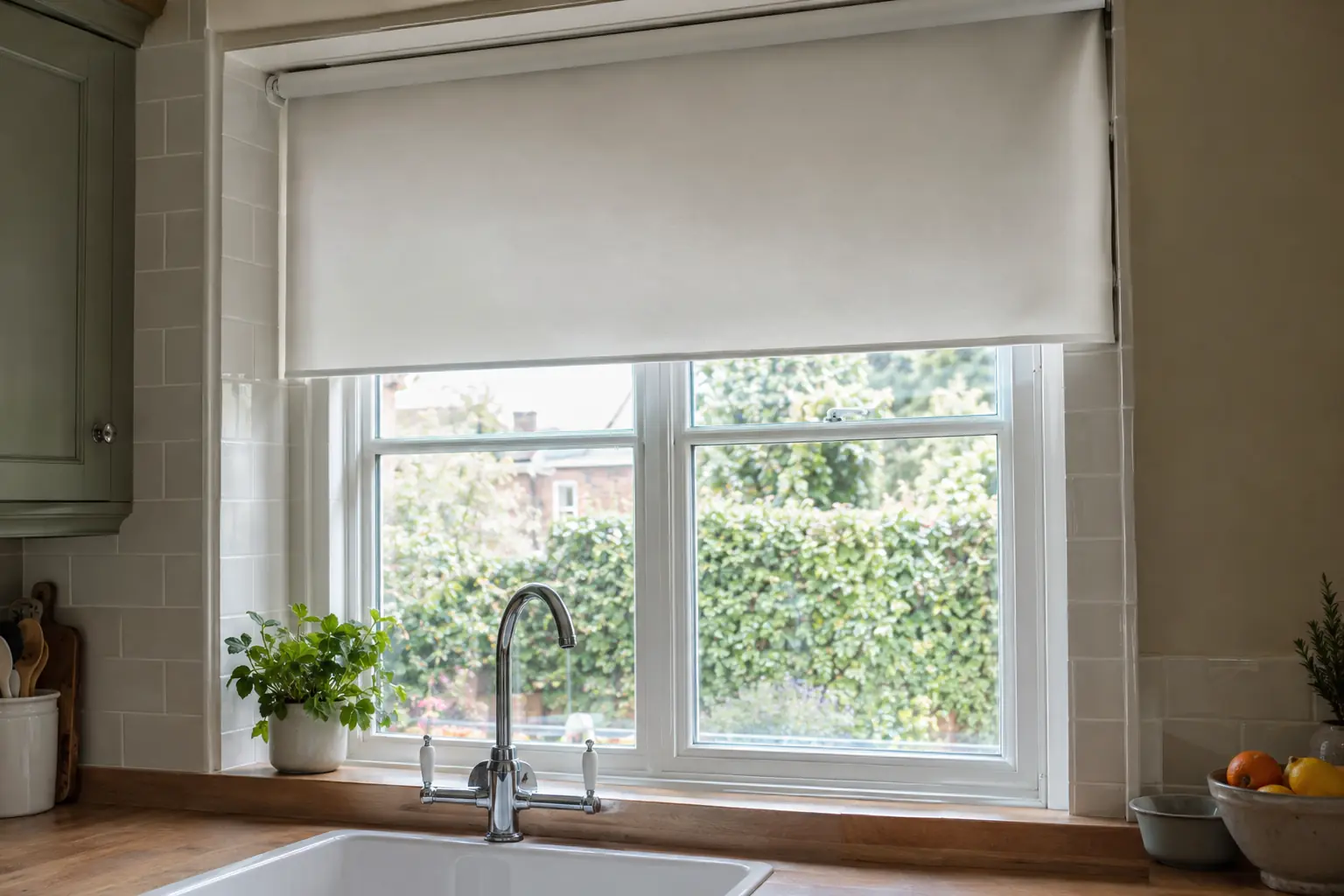 a kitchen window with a trimmed white roller blind whose fabric has drifted to one side of the tube as it rolled, one edge rubbing against the tiled reveal