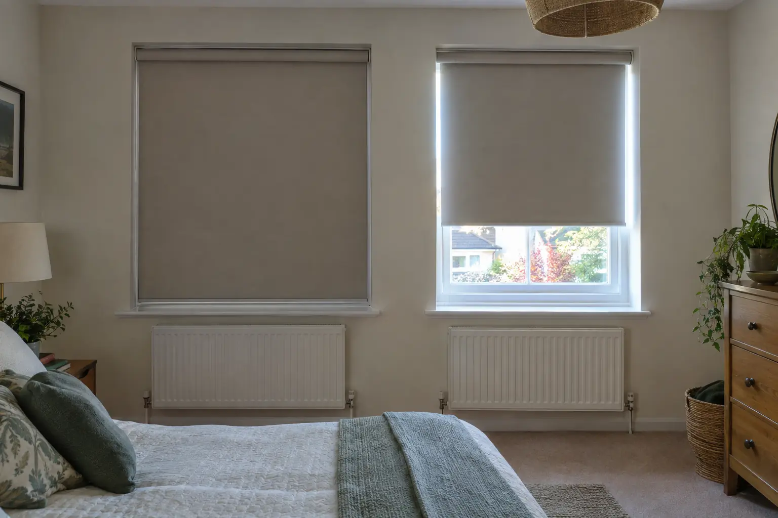 two identical bedroom windows side by side in a 1930s semi-detached house: the left has a made-to-measure blackout roller blind filling its recess neatly, the right has an off-the-shelf roller that is visibly too narrow, with bright bands of morning light down both sides