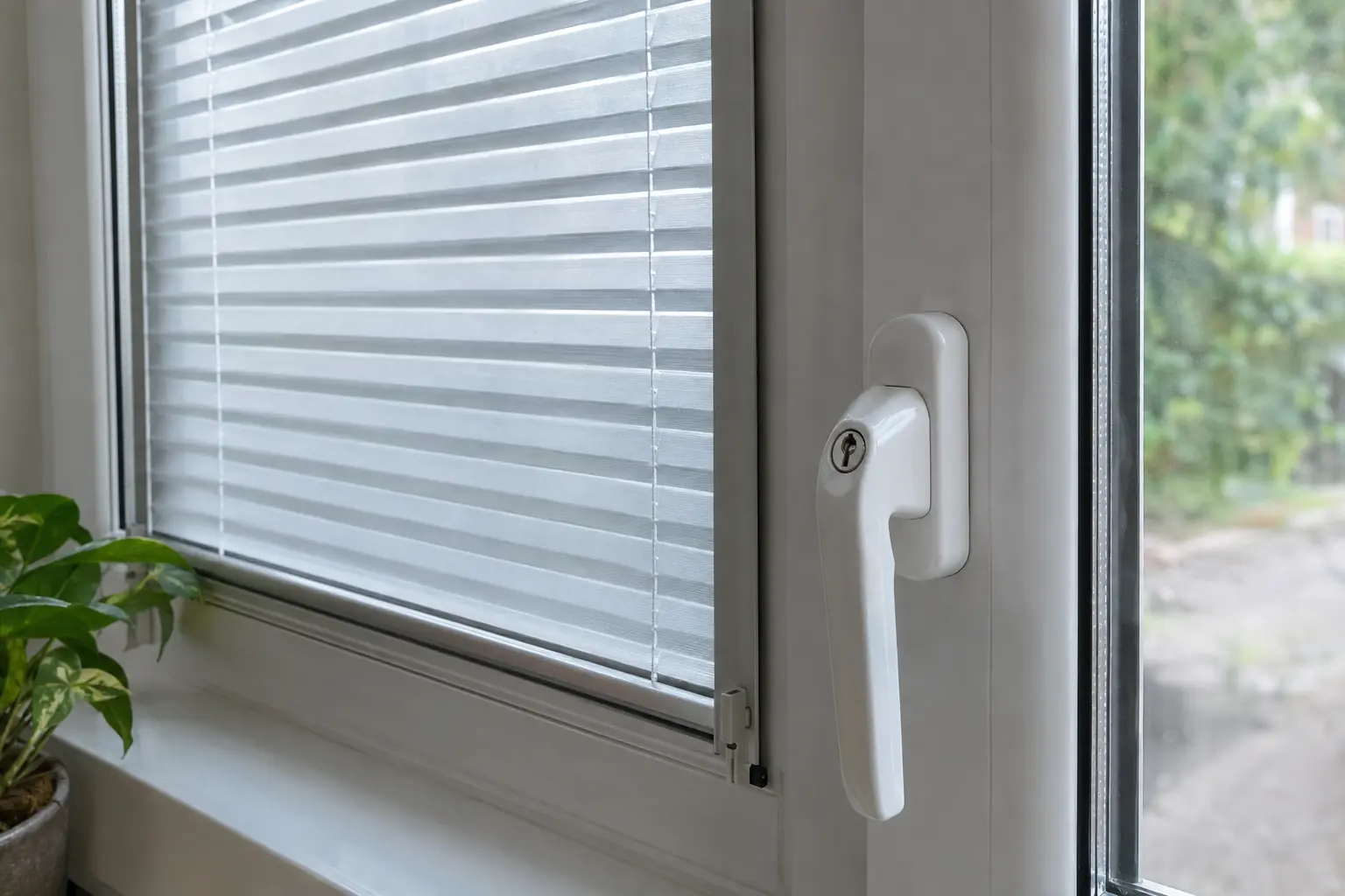 a close view of the edge of a white uPVC window sash showing a slim blind frame clipped into the black rubber gasket round the glass, a chunky lever handle standing in front of it