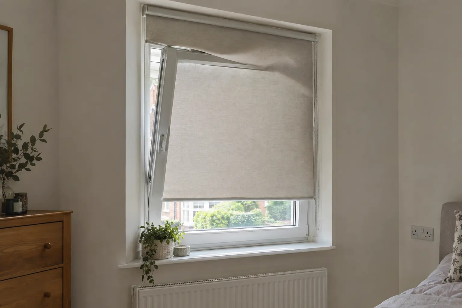 a tilt and turn window tipped open at the top with a roller blind fitted inside the recess, the top edge of the tilted sash pressing into the lowered fabric and pushing it out of line