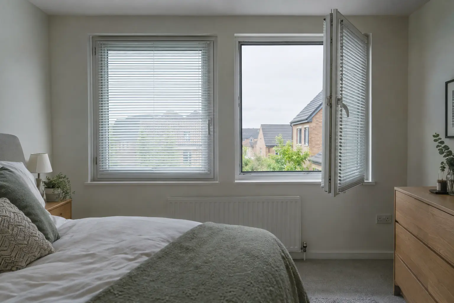 a new-build bedroom with two white tilt and turn windows side by side, the right one swung fully open into the room like a door with the white venetian blind fitted to its sash swinging with it, the left one closed with its blind lowered, soft grey morning light