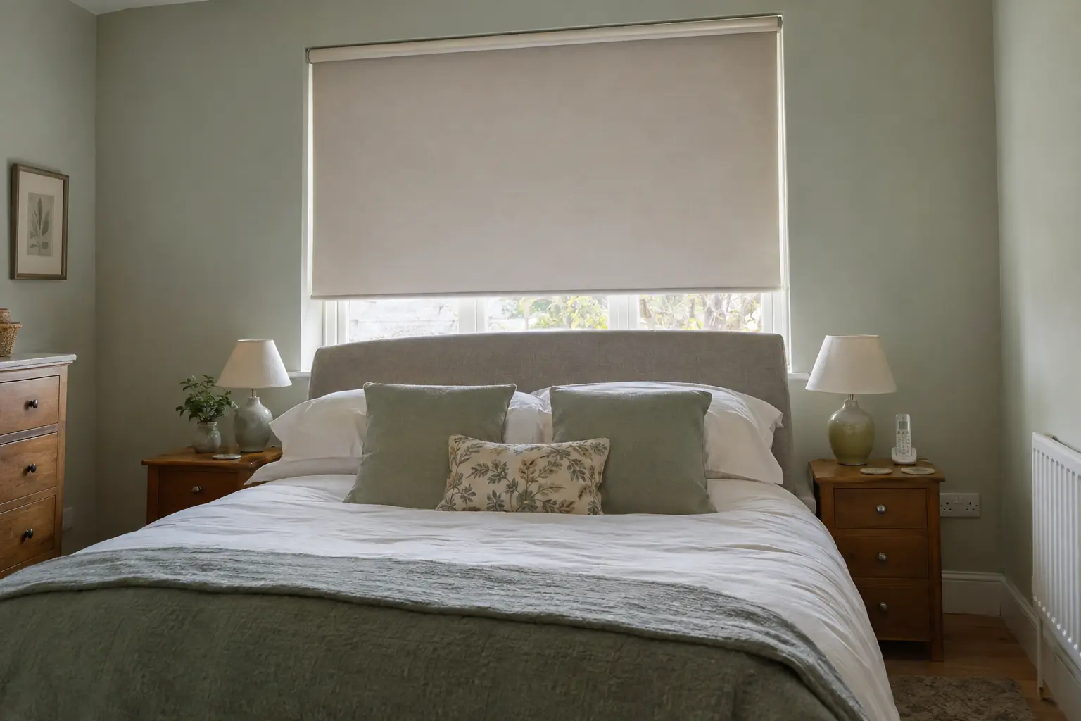 a bedroom with a pale roller blind lowered on a window directly behind the headboard of a double bed, a small white handset on the bedside table