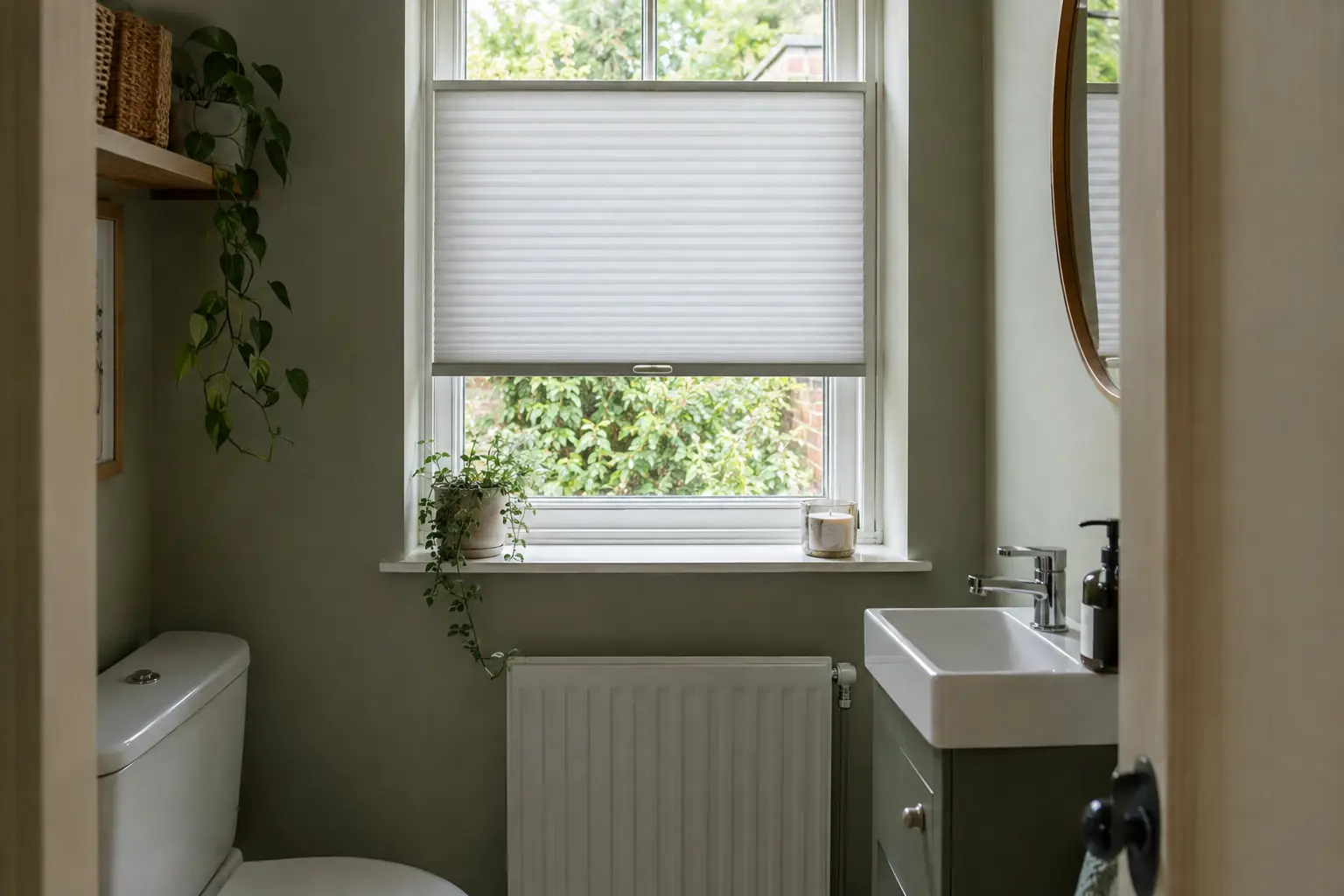 a cordless pleated blind half lowered in a small cloakroom window, a slim handle on its bottom rail and no cord or chain anywhere