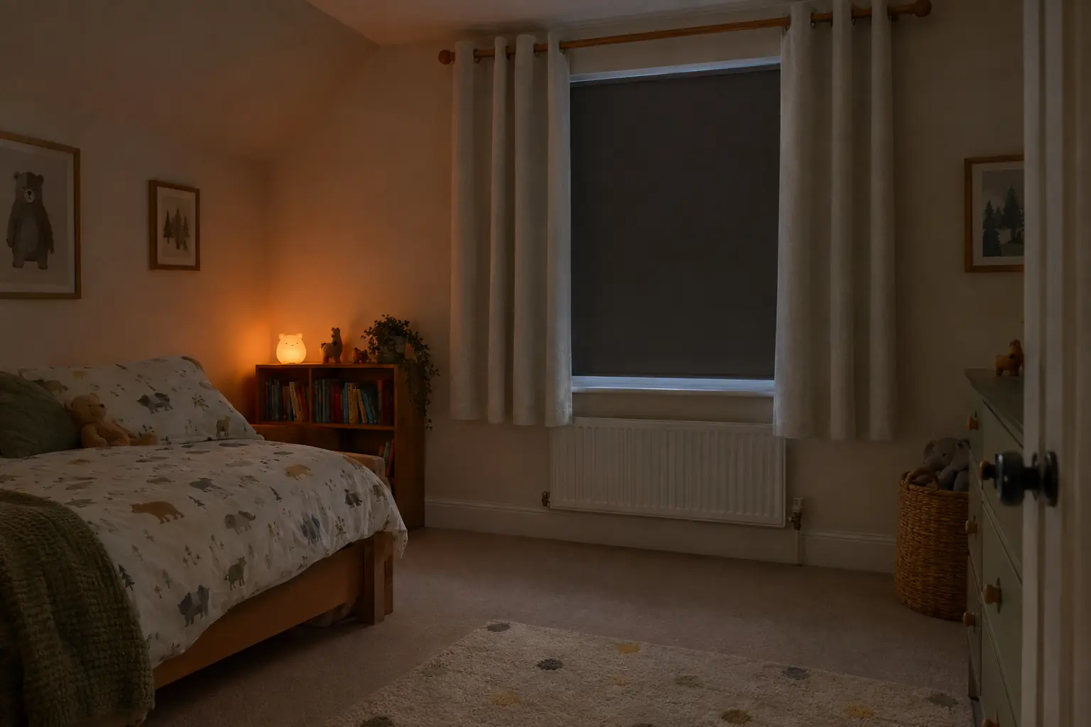 a child's bedroom at bedtime with plain eyelet curtains on a wooden pole drawn over a blackout blind, a small orange night light glowing on a low bookshelf