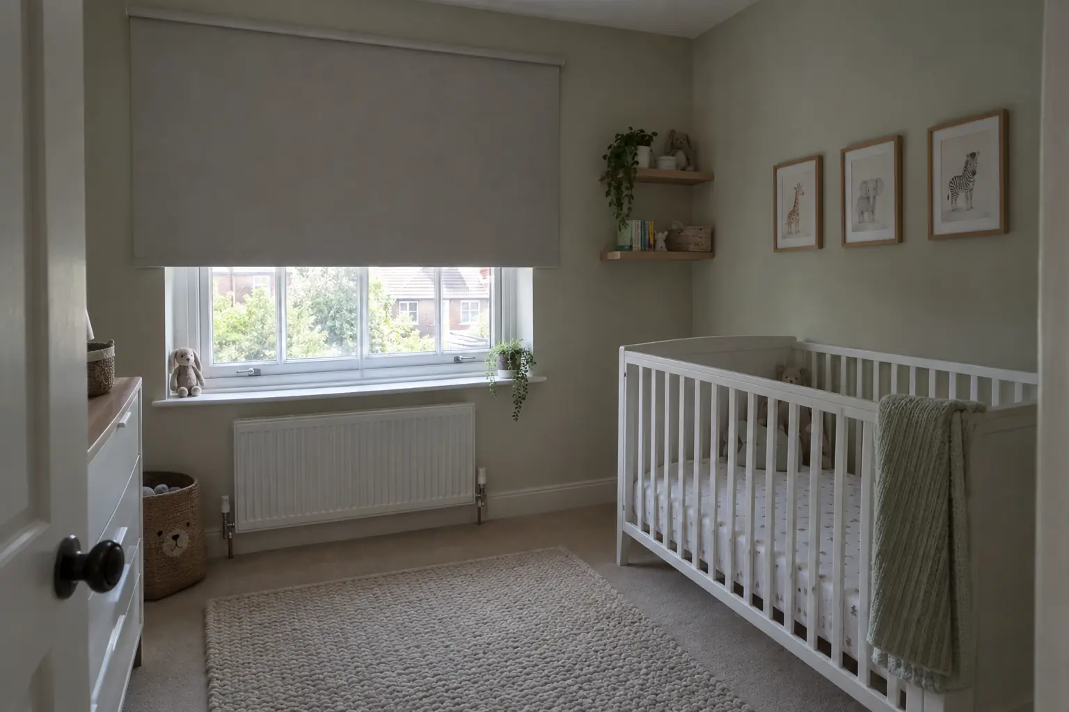 a small nursery in a semi-detached house on a summer afternoon, a pale grey blackout roller blind mounted on the wall above and overlapping the window so the room is dim and calm, a white cot placed against the opposite wall well away from the window