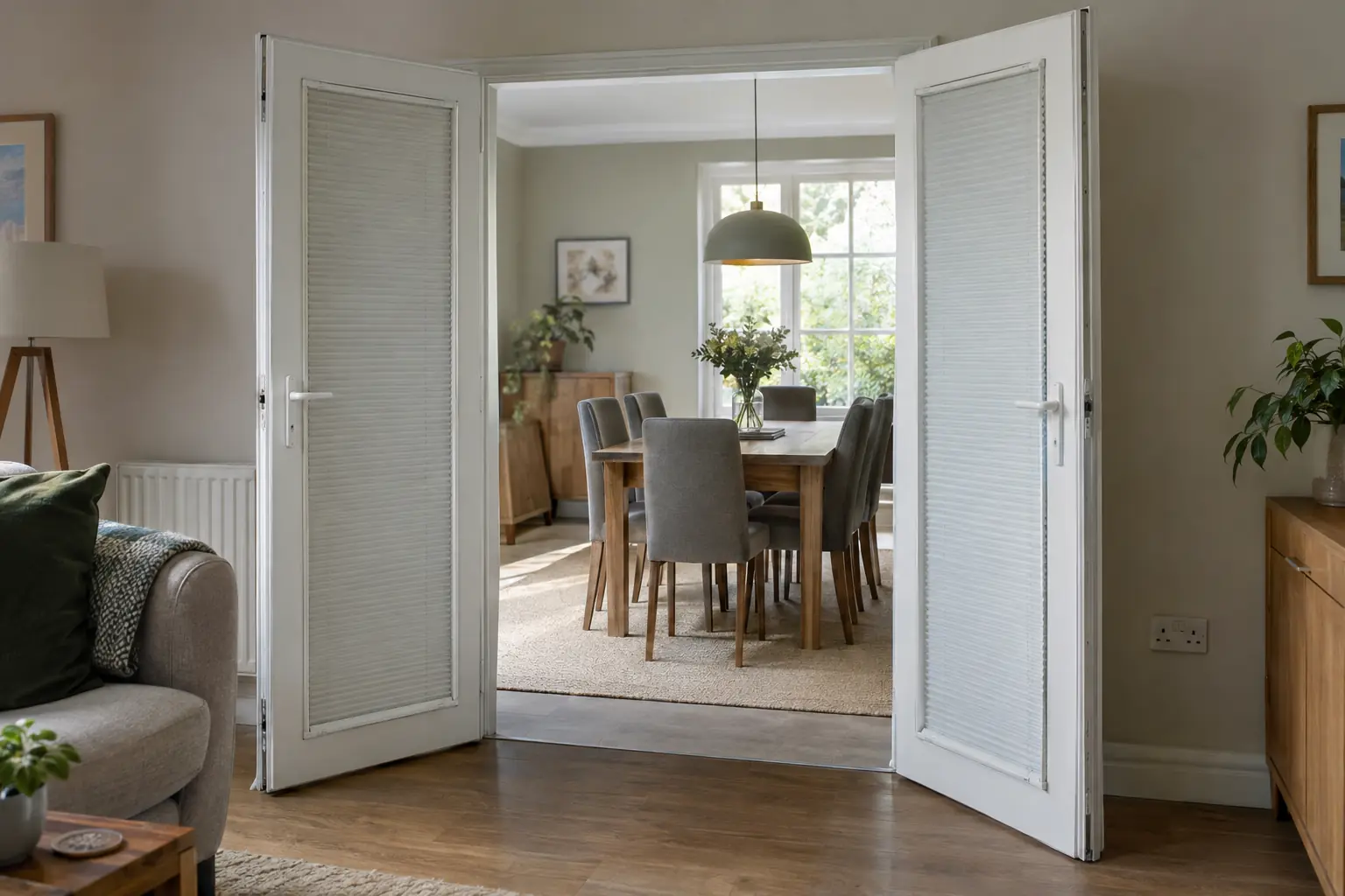 a pair of white uPVC French doors opening into a dining room, each door with a slim pleated blind clipped into its frame close to the glass, the door handles standing clear in front of the blinds