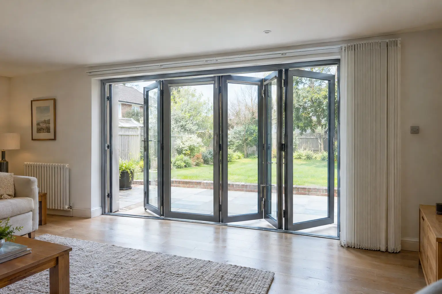 a long run of grey aluminium bi-fold doors partly folded back, with white tracked shutter panels slid along their track and stacked neatly against the wall at one end