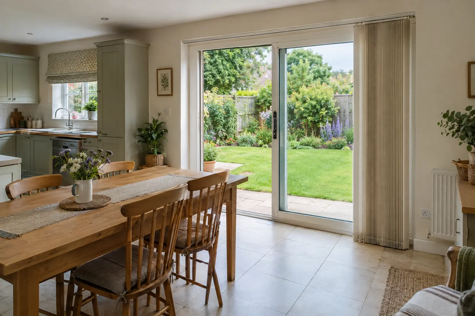 a kitchen-diner opening onto a garden through wide sliding patio doors, pale linen-coloured vertical blinds drawn back into a neat stack over the fixed pane, the sliding half open to a lawn on a summer morning